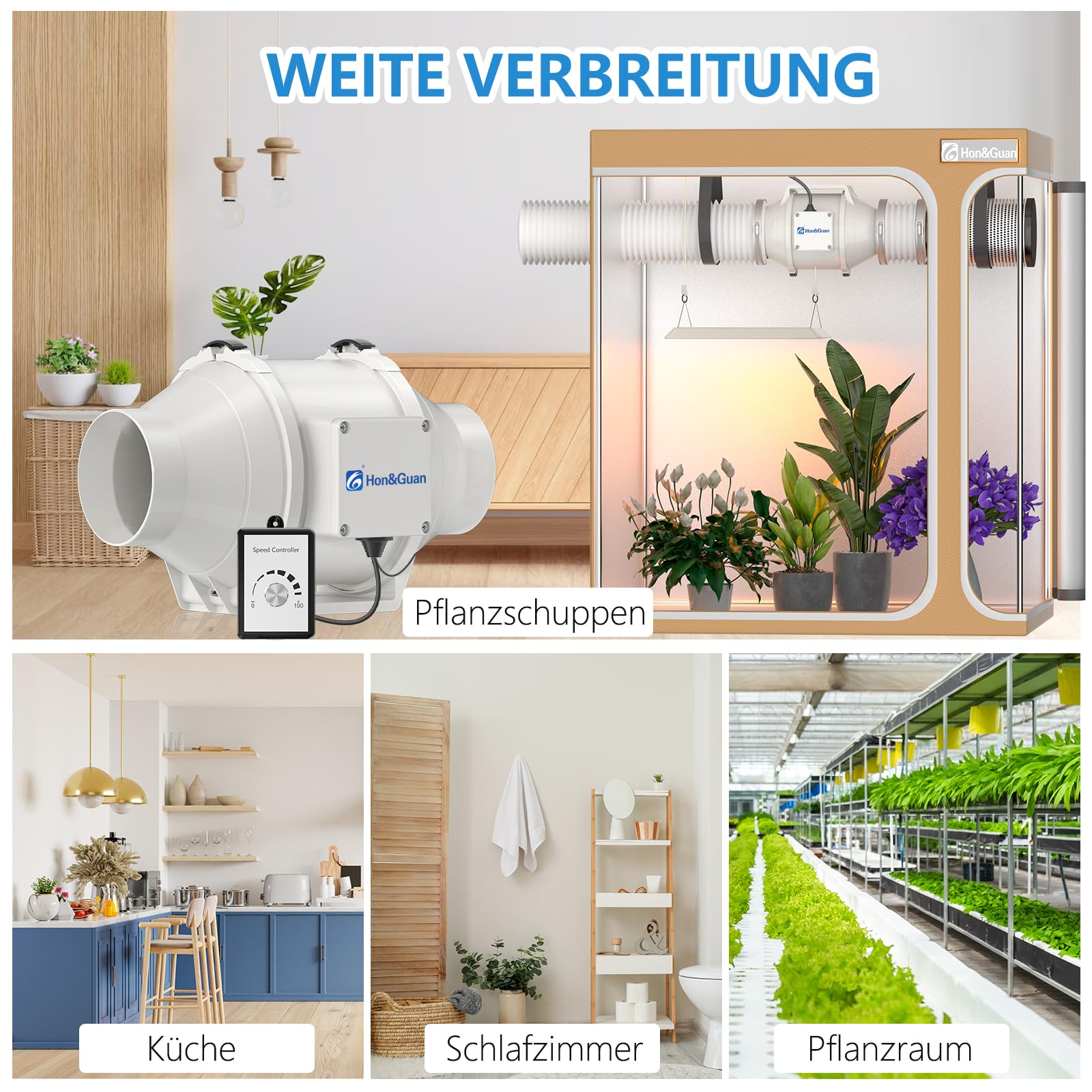 Hon&Guan 100mm EC Regelbarer Rohrventilator, 366m³/h Inline Rohrlüfter, Abluftventilator für Growbox Growzelte Belüftung Wachstumszelte Hydroponik Keller Garage Küche
