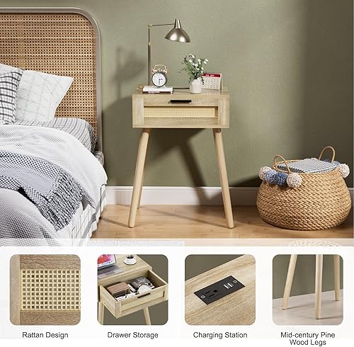Miniatura 7 de HAIOOU Mesita de noche con estación de carga, cajón de ratán, mesa auxiliar moderna de mediados de siglo, mesa auxiliar auxiliar auxiliar con patas