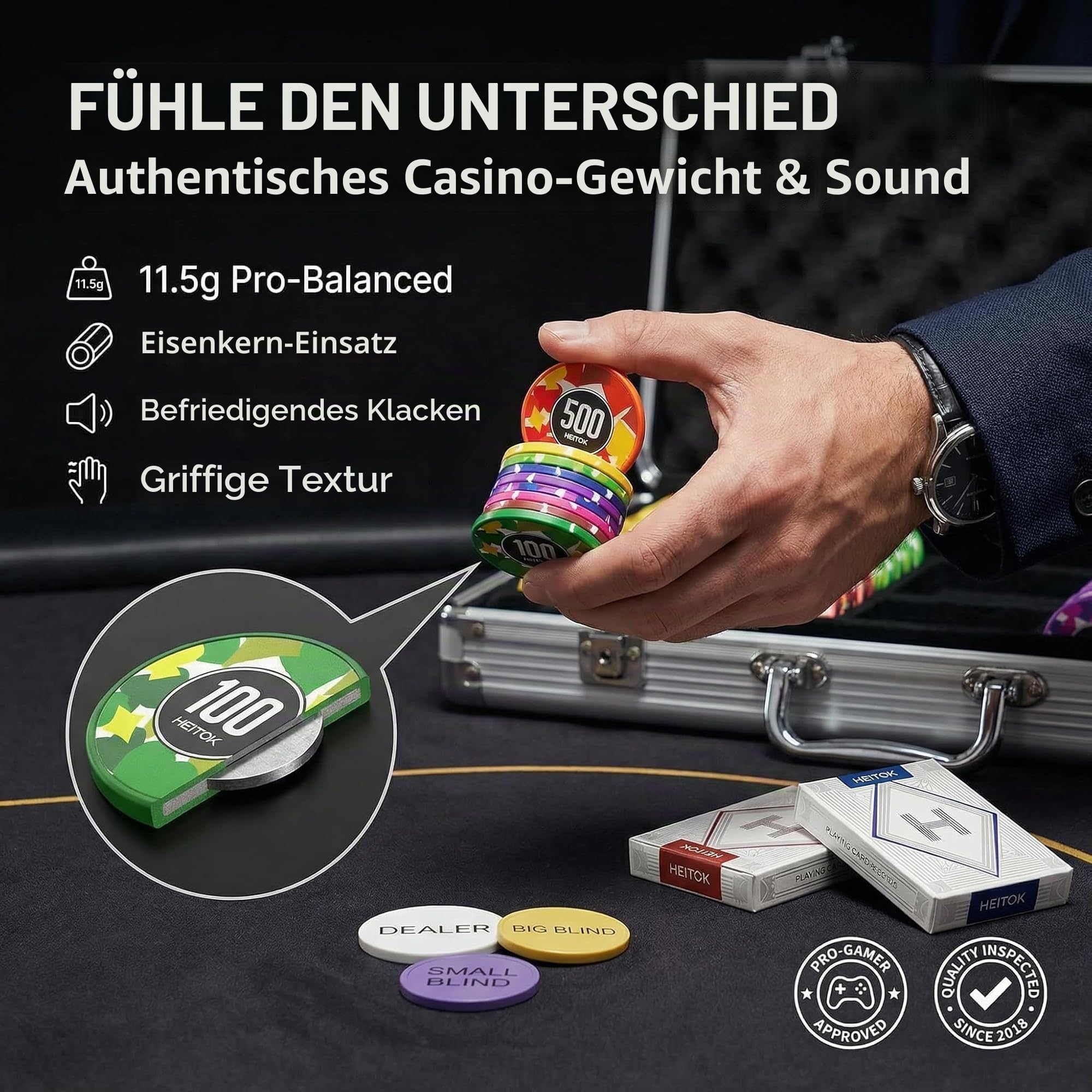 HEITOK Pokerkoffer 500 Chips 11.5g Eisenkern ohne Nennwert Texas Holdem Set | 2-10 Spieler, eigene Einsätze frei definieren, Blackjack, Karten, Würfel, Dealer und Small/Big Blind Buttons, Pokerrunden