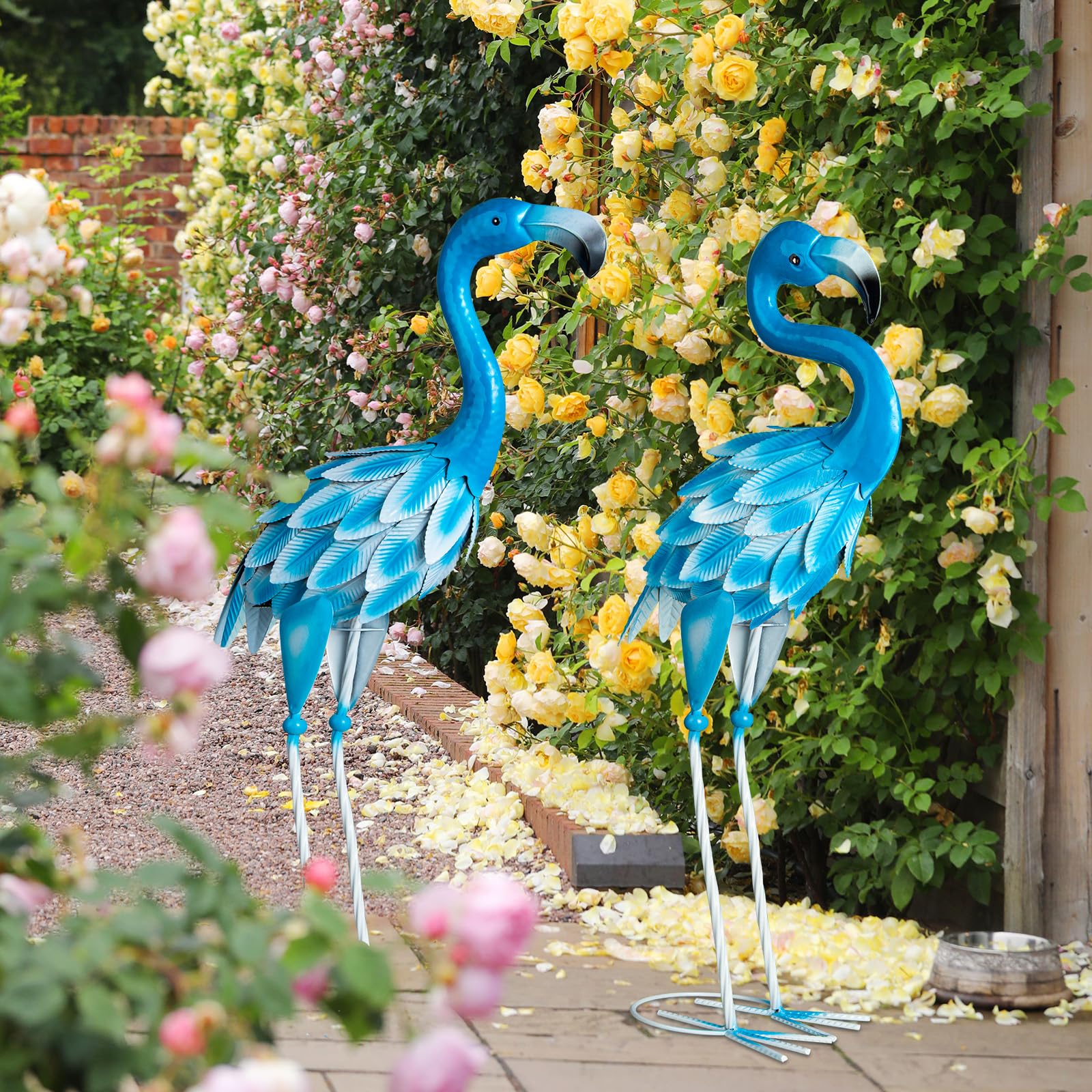 2 statue di fenicotteri in metallo, sculture artistiche da giardino per giardino, casa, patio, prato, cortile, decorazioni