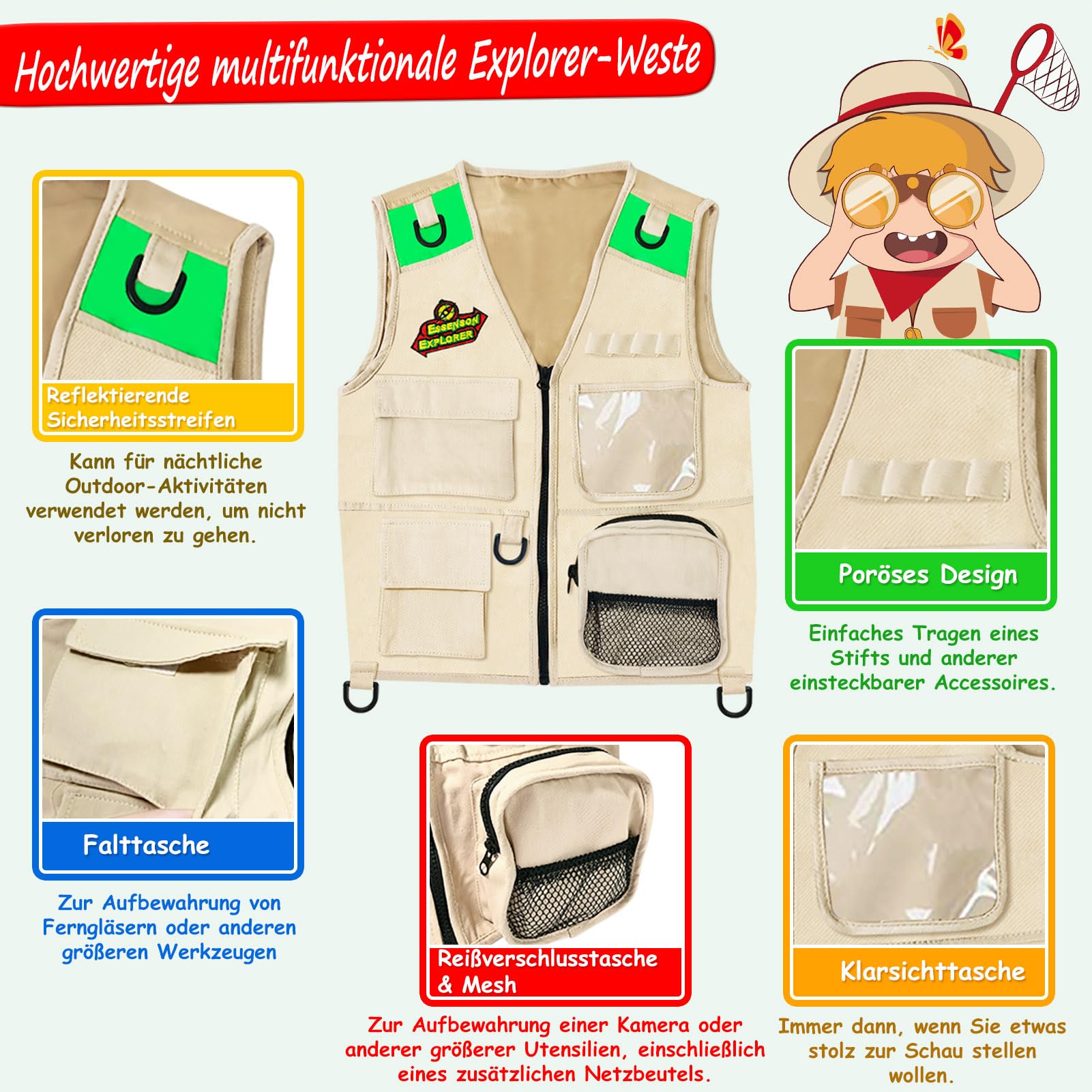 ESSENSON Kit Esploratore all'aperto - Set Cattura Insetti con Gilet, binocolo, Torcia elettrica, Regalo di Compleanno del Giocattolo di Avventura di Campeggio per Ragazzi e Ragazze di età 3-12 Anni