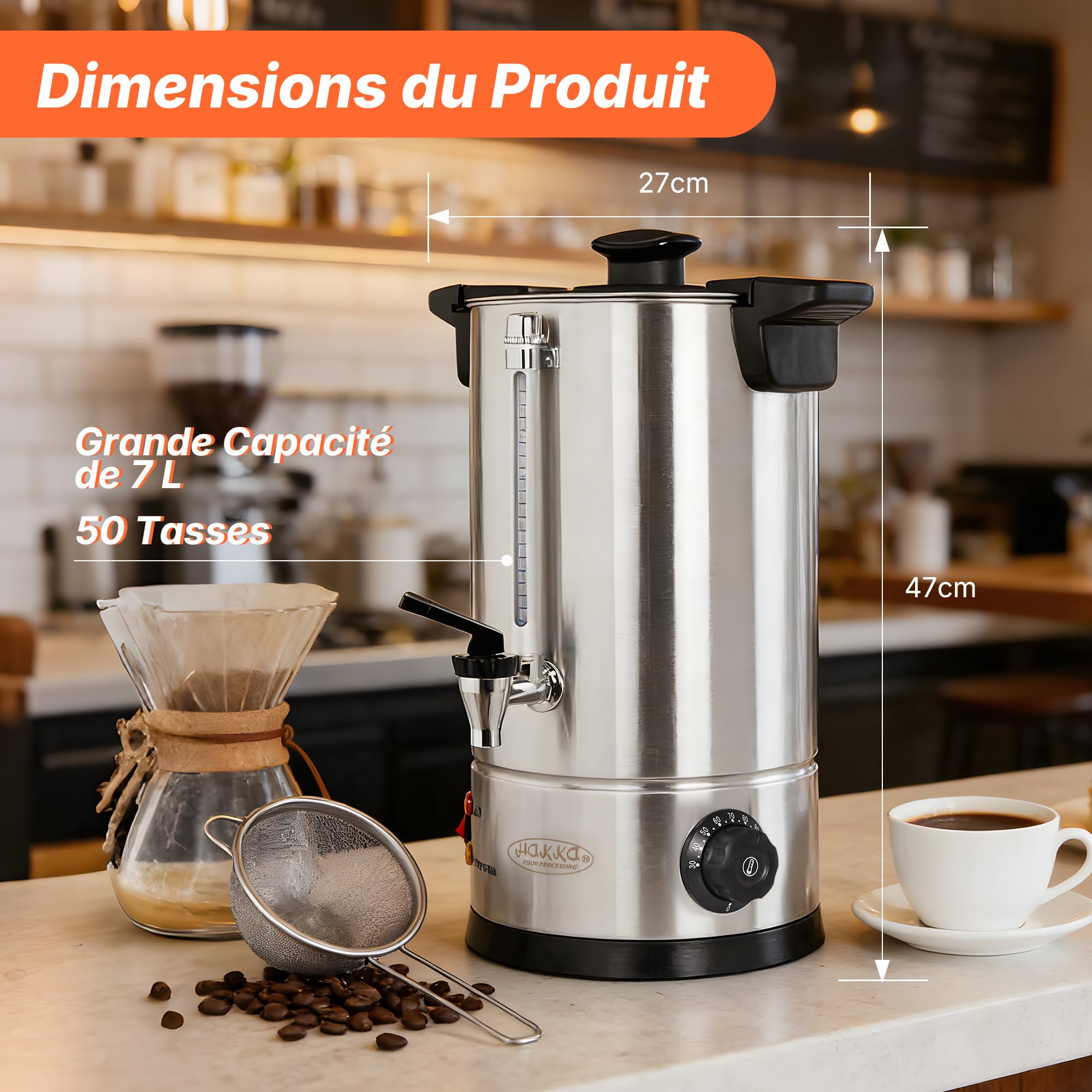 Hakka Percolateur à Café Professionnel 7L/50 Tasses, Distributeur Électrique en Acier Inoxydable avec Indicateur de Niveau d’Eau, Bec Étanche et Poignée Anti-Chaleur pour Bureau, Fête, Mariage, Buffet
