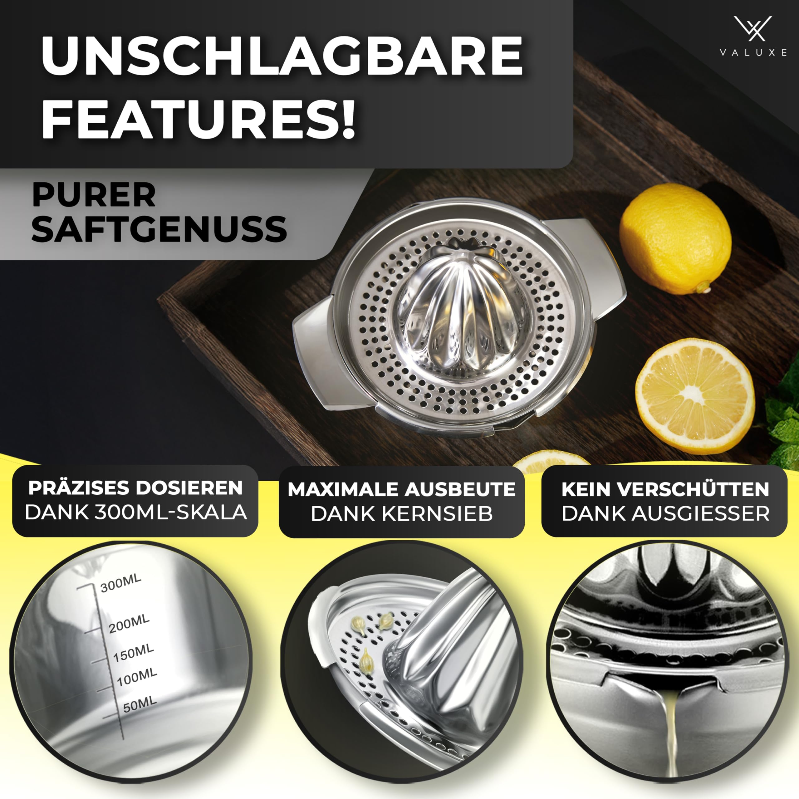 VALUXE® Premium Zitronenpresse Edelstahl - Zitruspresse für Zitronen, Limetten & Orangen mit 350ml Behälter - Manuelle Limetten-Presse, Lemon Squeezer spülmaschinengeeignet
