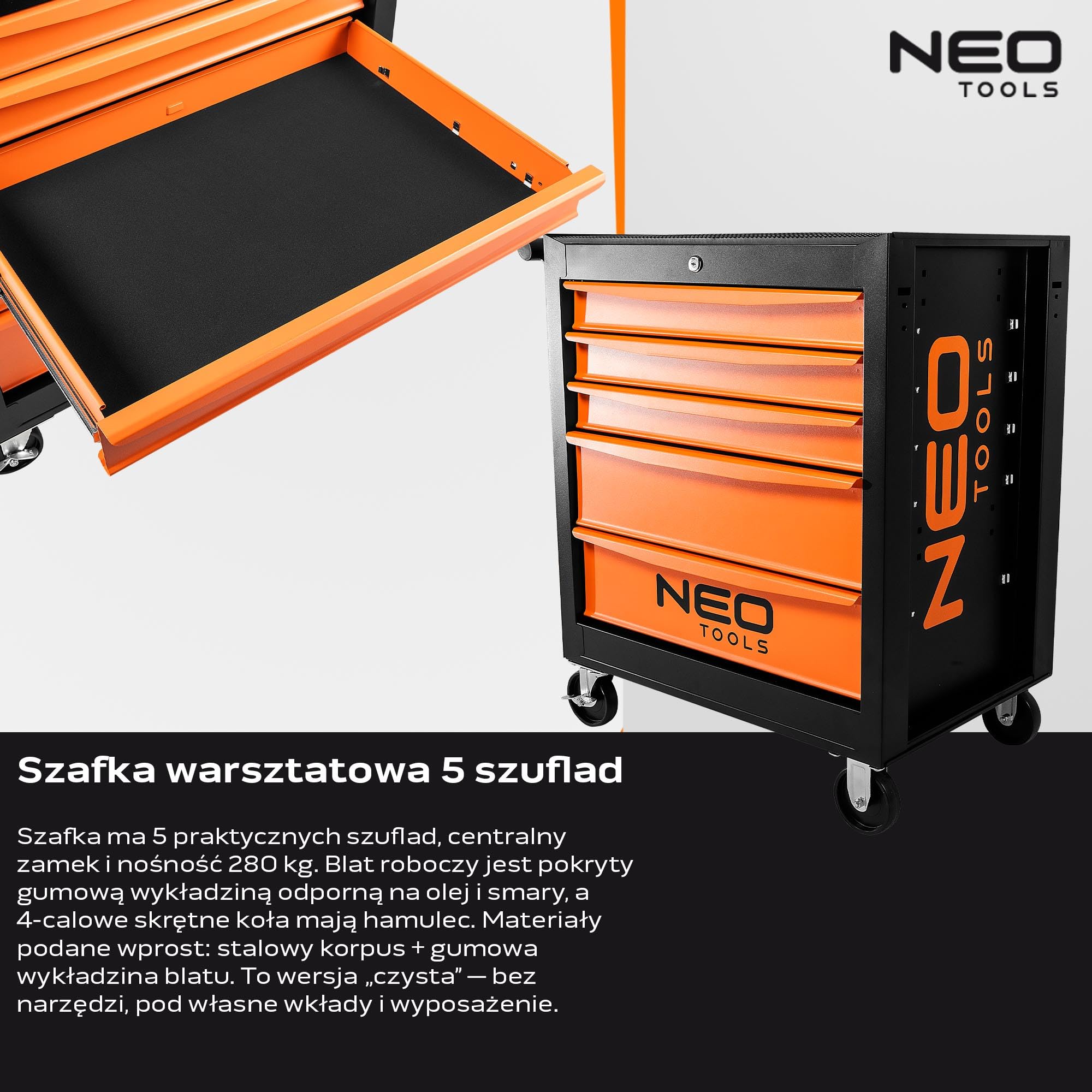 NEO TOOLS Wózek warsztatowy, 5 przegródek, szuflady z łożyskiem kulkowym, centralnie zamykany, mata antypoślizgowa, kółka obrotowe, z hamulcem postojowym, mobilny wózek narzędziowy, szafka na