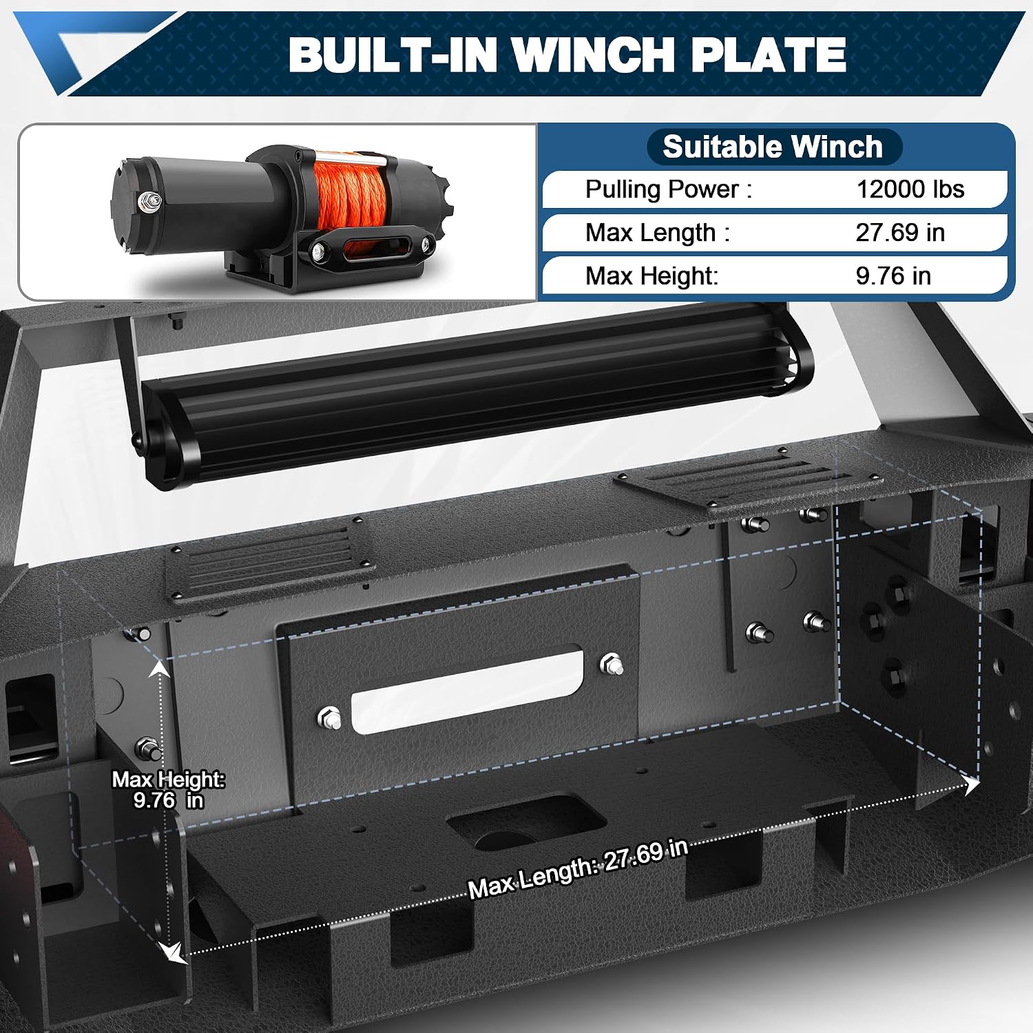 Front Bumper + Rear Bumper Combo w/Winch Plate and LED Lights, Compatible with 2007-2013 Silverado 1500, Textured Black Stainless Steel Pickup Bumper