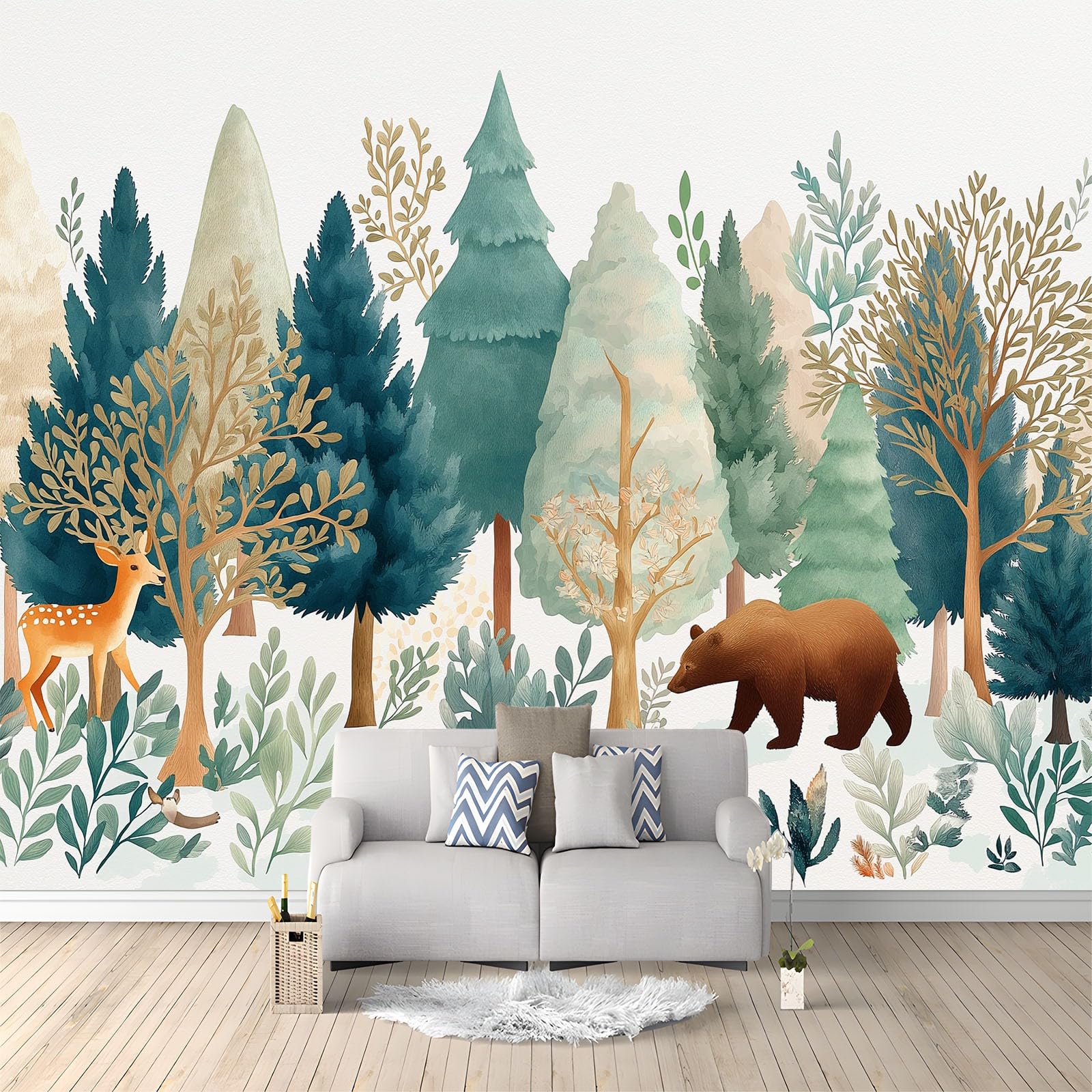 Tapisserie photo forêt de sapins pour créer un salon minimaliste et lumineux