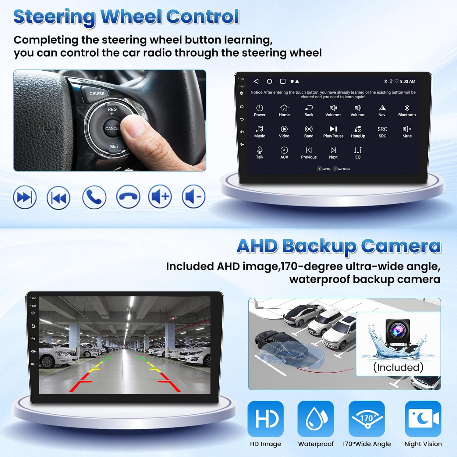 Image showing the car stereo displaying a clear, wide-angle view from the AHD backup camera with parking guidelines, and icons indicating waterproof, night vision, and HD features.