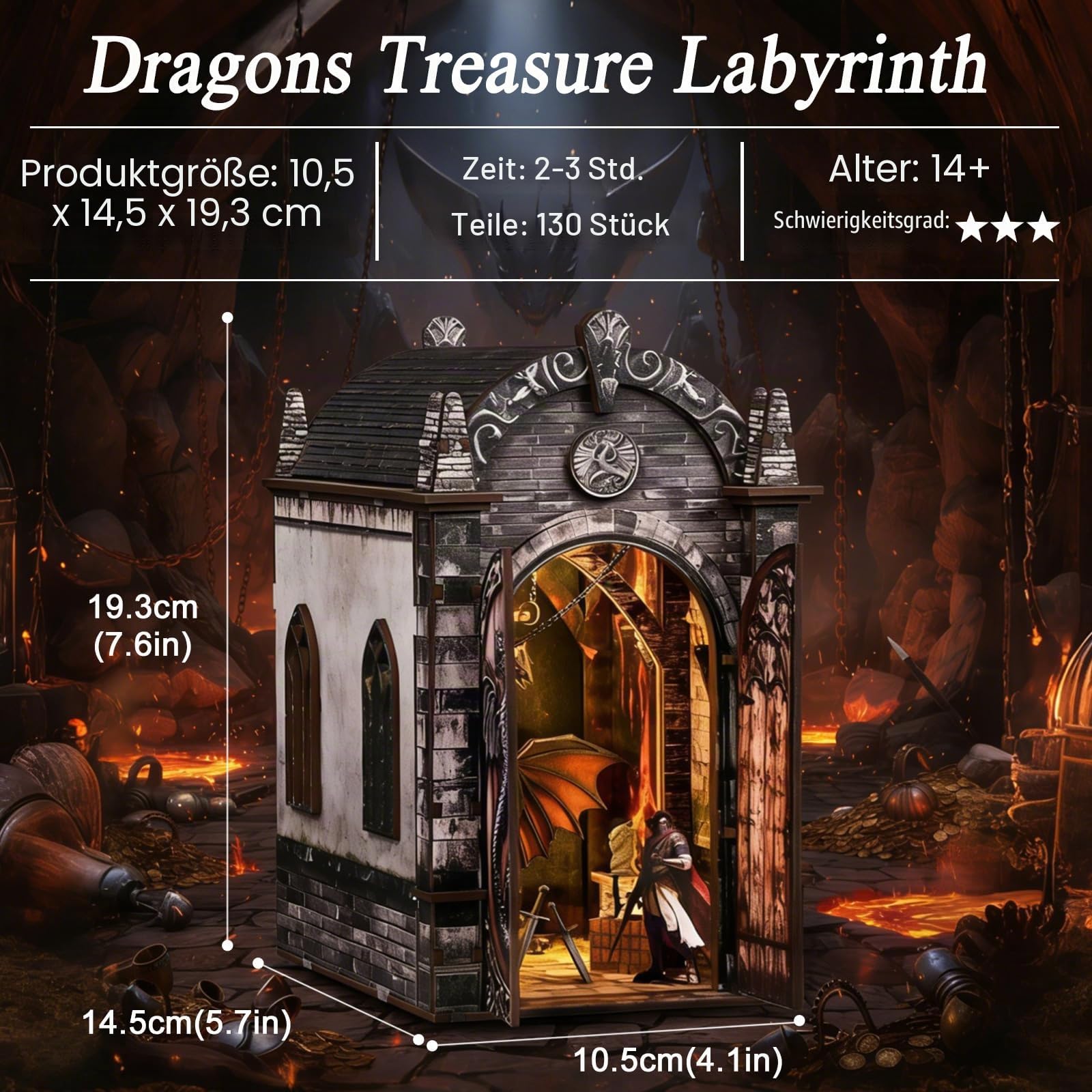 Book Nook Kit–Drachenschatz Labyrinth Modell, 3D Holzpuzzle zum Selberbauen mit LED-Beleuchtung, Bastelset für Bücherregal-Dekoration für Erwachsene und Jugendliche