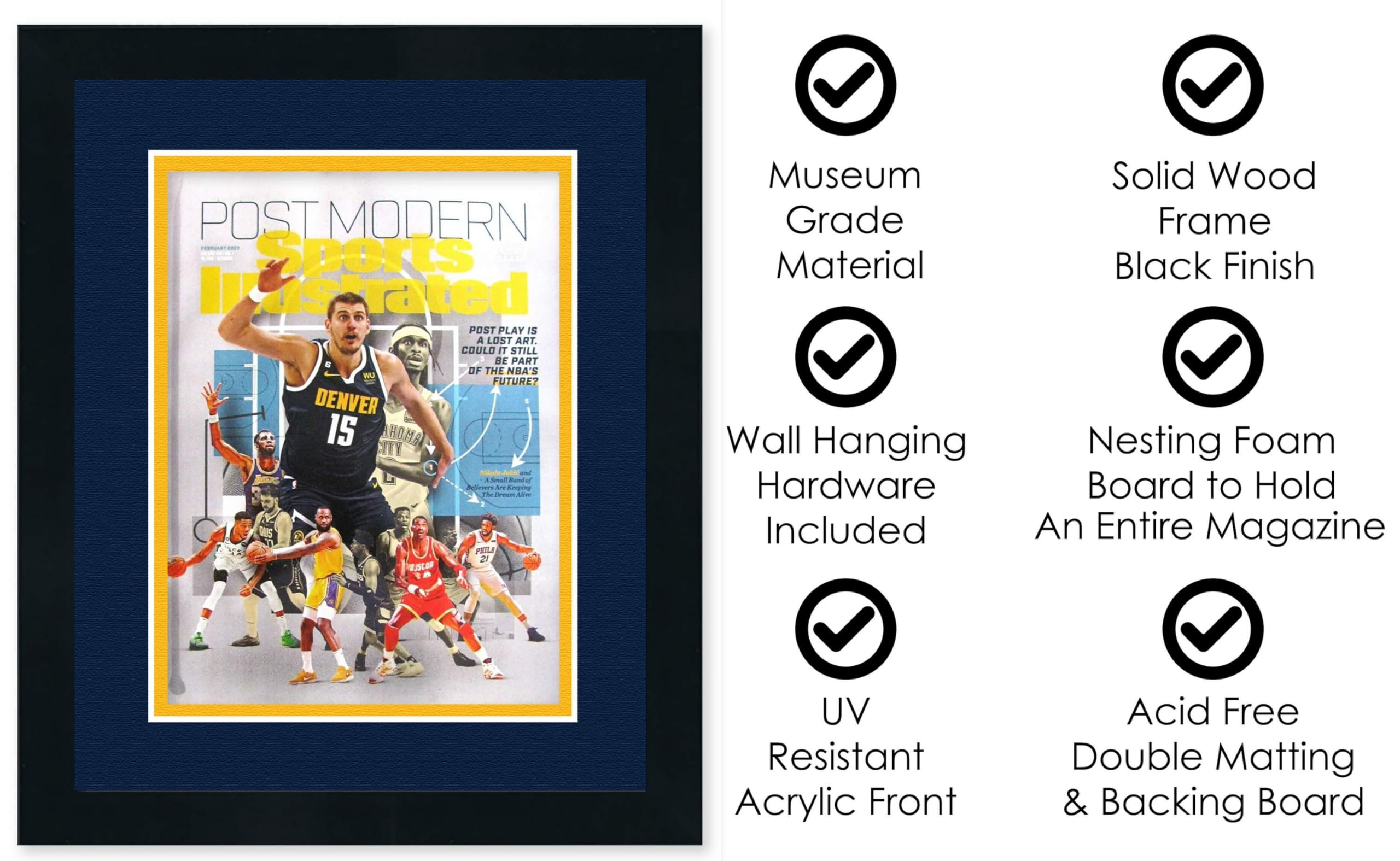 8x10.5 Frame for Sports Illustrated Magazine (Black) | Acid Free Midnight Blue Navy on Yellow Double Photo Mat | UV Resistant Picture Frame Acrylic | Conservation Backing Board | Hanging Hardware