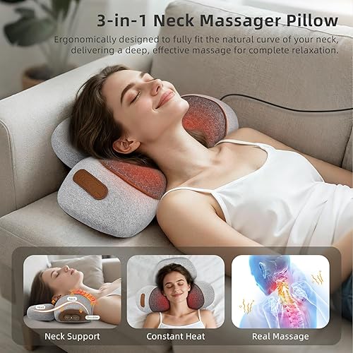 Miniatura 2 de Almohada masajeadora de cuello 3 en 1 con calor, masaje y estirador, masajeador de tracción para zorra de cuello, relajación de hombros y músculos,