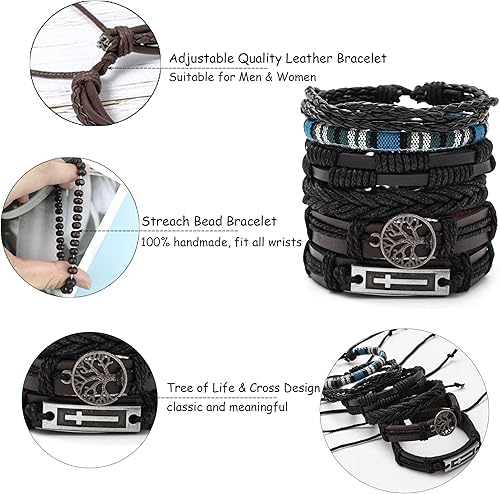 Miniatura 3 de FIRAZIO Juego de 42 pulseras de cuero trenzado para hombres y mujeres, pulseras de cuentas de madera, cuerdas de cáñamo, étnicas tribales hechas a