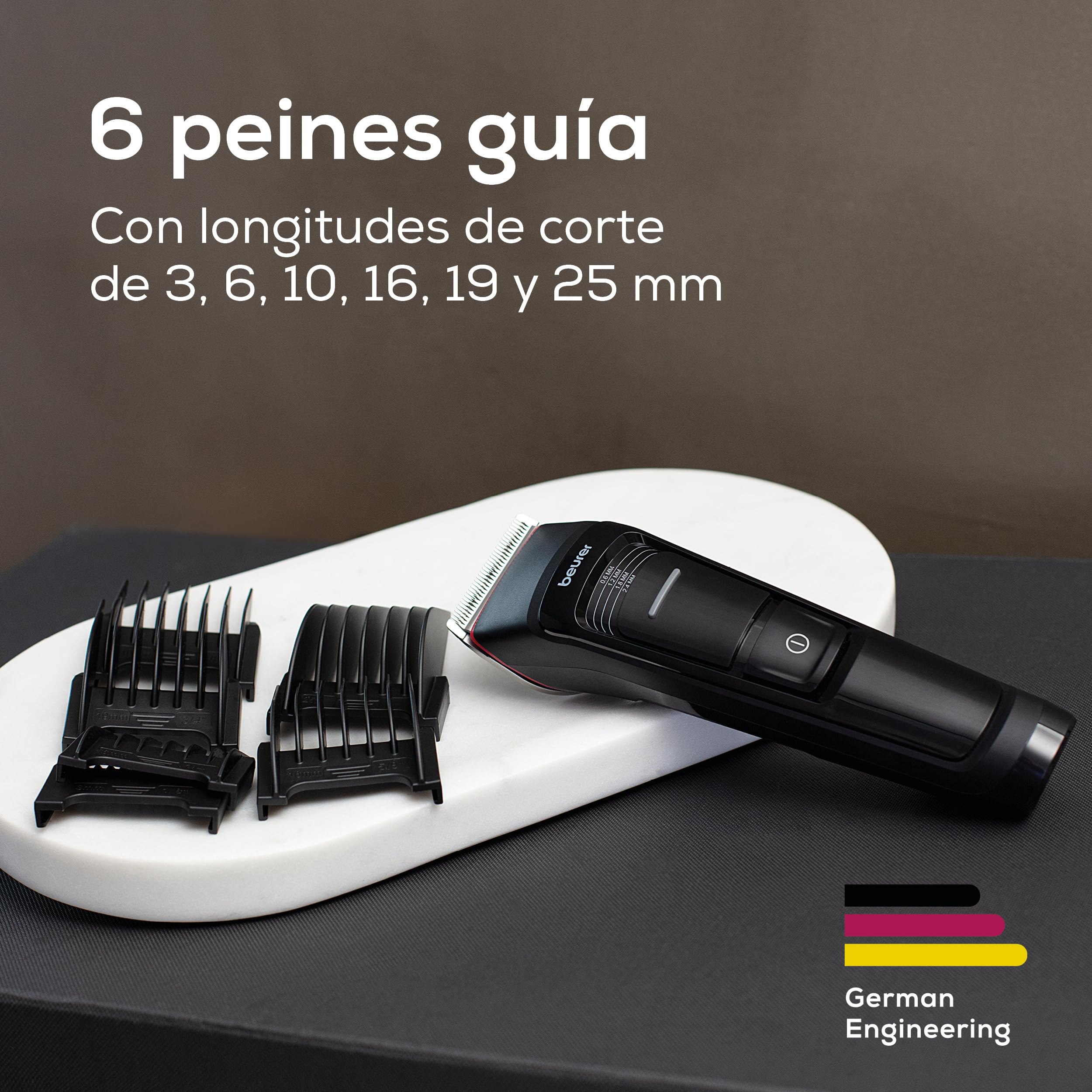 Beurer MN5X Cortapelos, corte profesional y rápido, 6 cuchillas de acero inoxidable para peinado individual, ajuste fino 4 niveles, cortapelos para hombres con batería