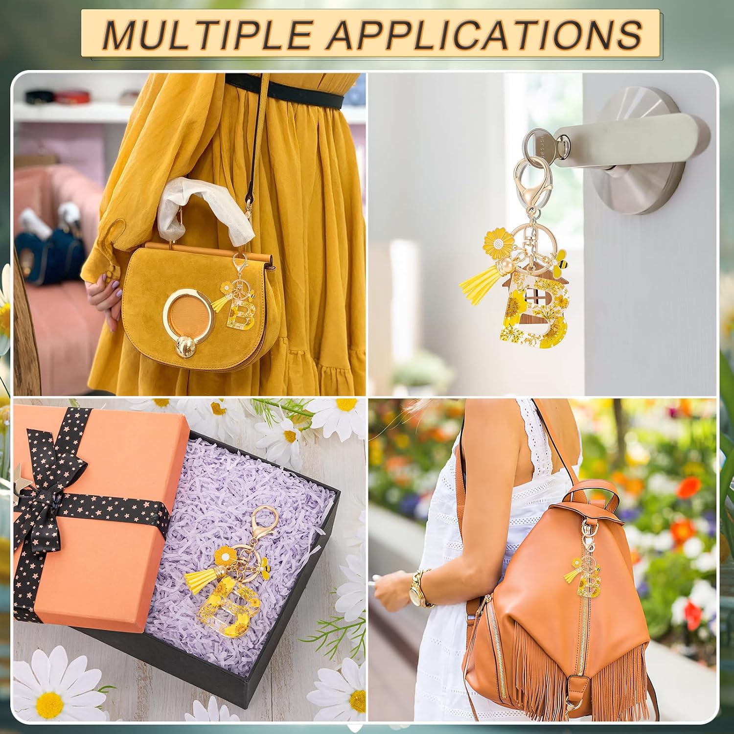 MWOOT Initial Letter Keychain Resin Alphabet Keyrings,Yellow Petals Gold Foil Key Ring Key Chain Charm