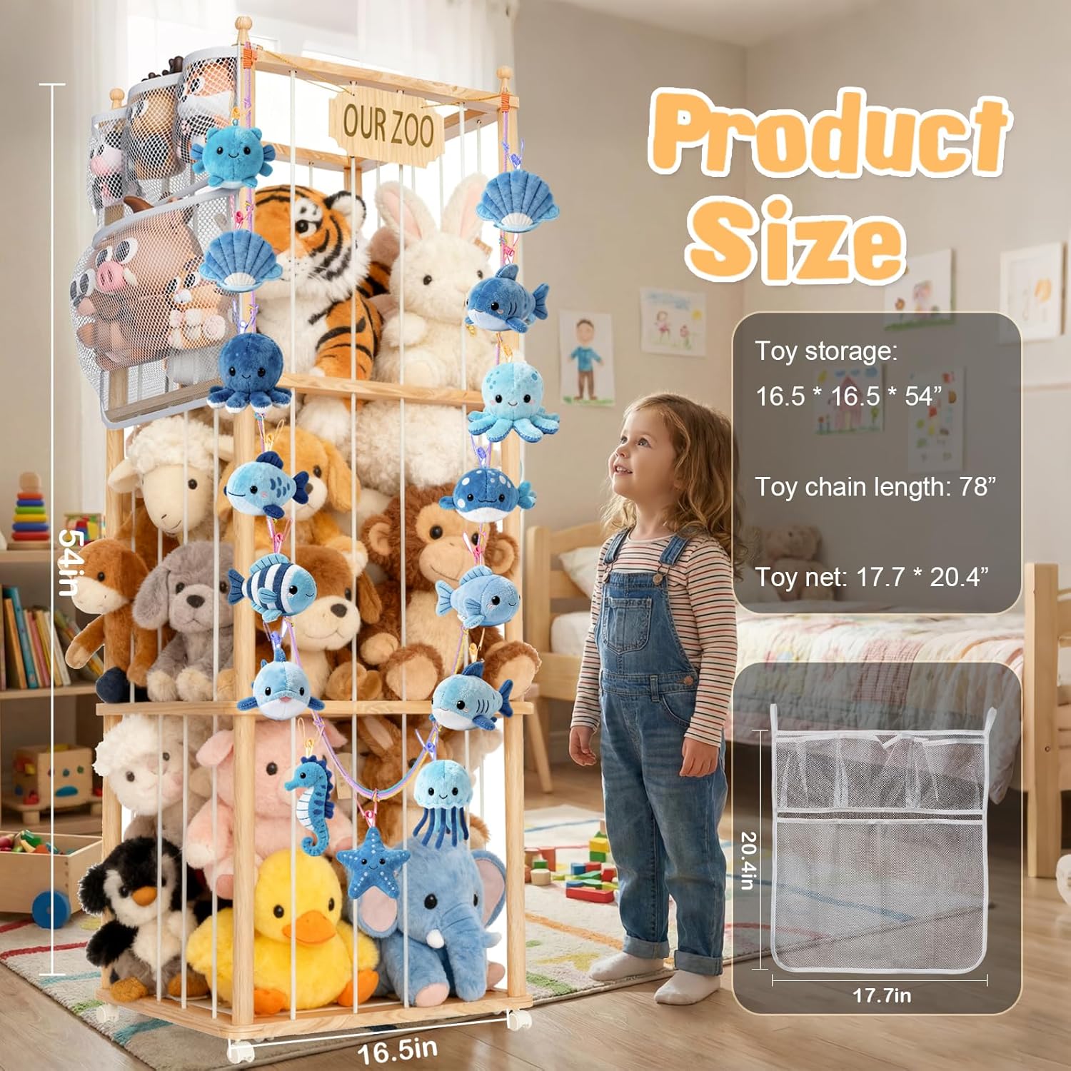 Stuffed Animal Storage, Wood Stuffed Animal Zoo Storage with Wheels, Space Save Toy Organizer, Large Capacity Plush Holder for Playroom Bedroom, 54 inch - Image 2