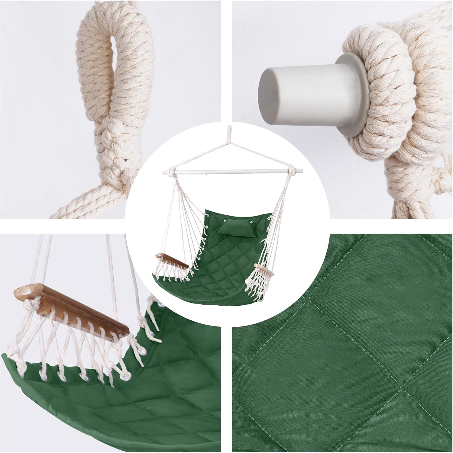 Hammock Chair Hanging Swing with Wooden Armrests;Steel Spreader Bar,Pillows,Hardware kit Included;Cotton Woven ;Up to 350 Lbs,for Indoor Outdoor Green - Image 4