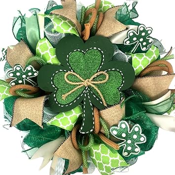 St.Patricks Day Wreath for Front Door, 18 inch Irish St Patricks Day Green Mesh Wreath with Clover Ribbon, Spring Wreaths for Front Door Farmhouse Wall Decor