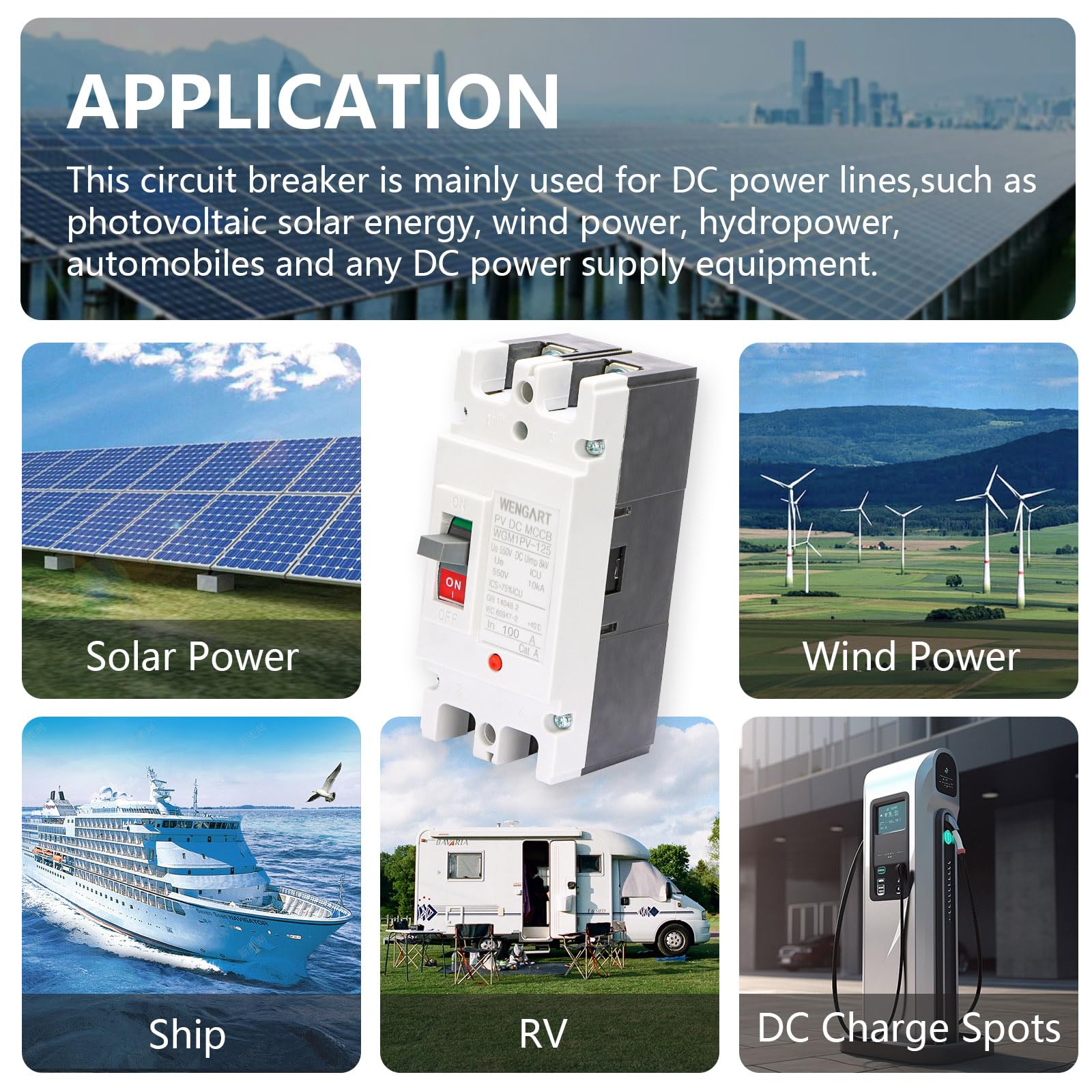 Wengart Interruttore Magnetotermico Scatolato DC 80A 550V, 2 Poli MCCB per Fotovoltaico e Batterie, Polarità Non Polarizzata (Cablaggio Libero), Isolatore Principale per Pannelli Solari e Inverter