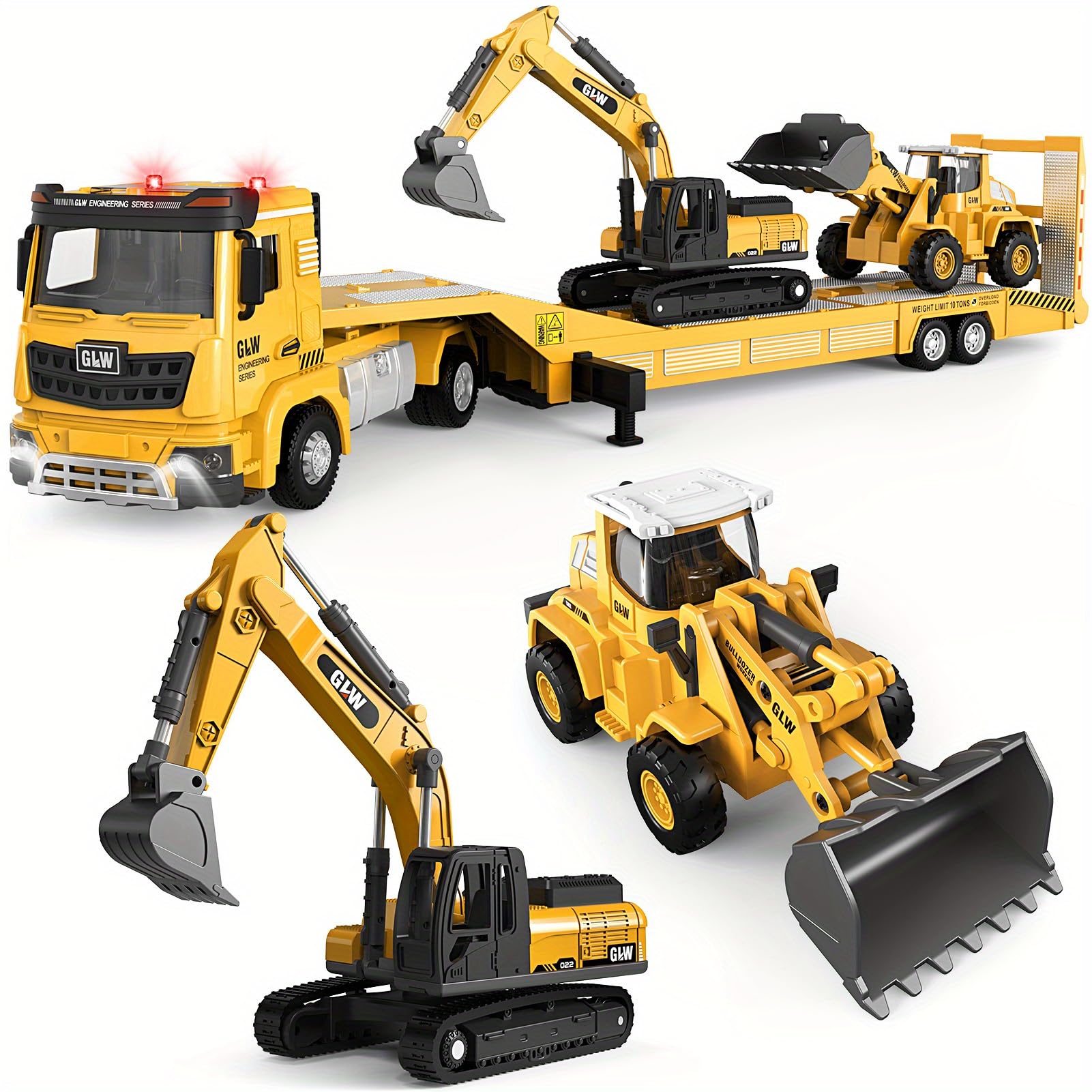Alloy Die-Cast Construction Vehicles Toys Set w/Semi Truck, Excavator & Bulldozer - Real Lights & Sounds, Movable Parts - Learning Toys Gift for 3-7 Year Old Boys Girls