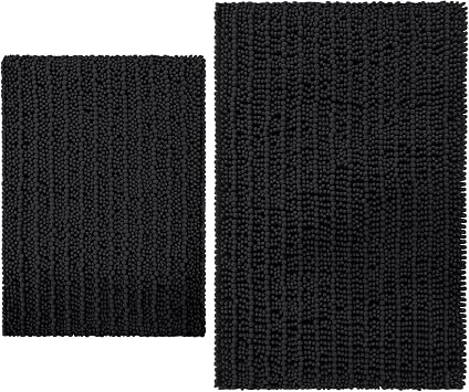 Arotive Luxury Chenille Bathroom Accessories, Ultra Soft Bath Rugs Size 24x16 and 30x20 in Black, 2 Item Bundle