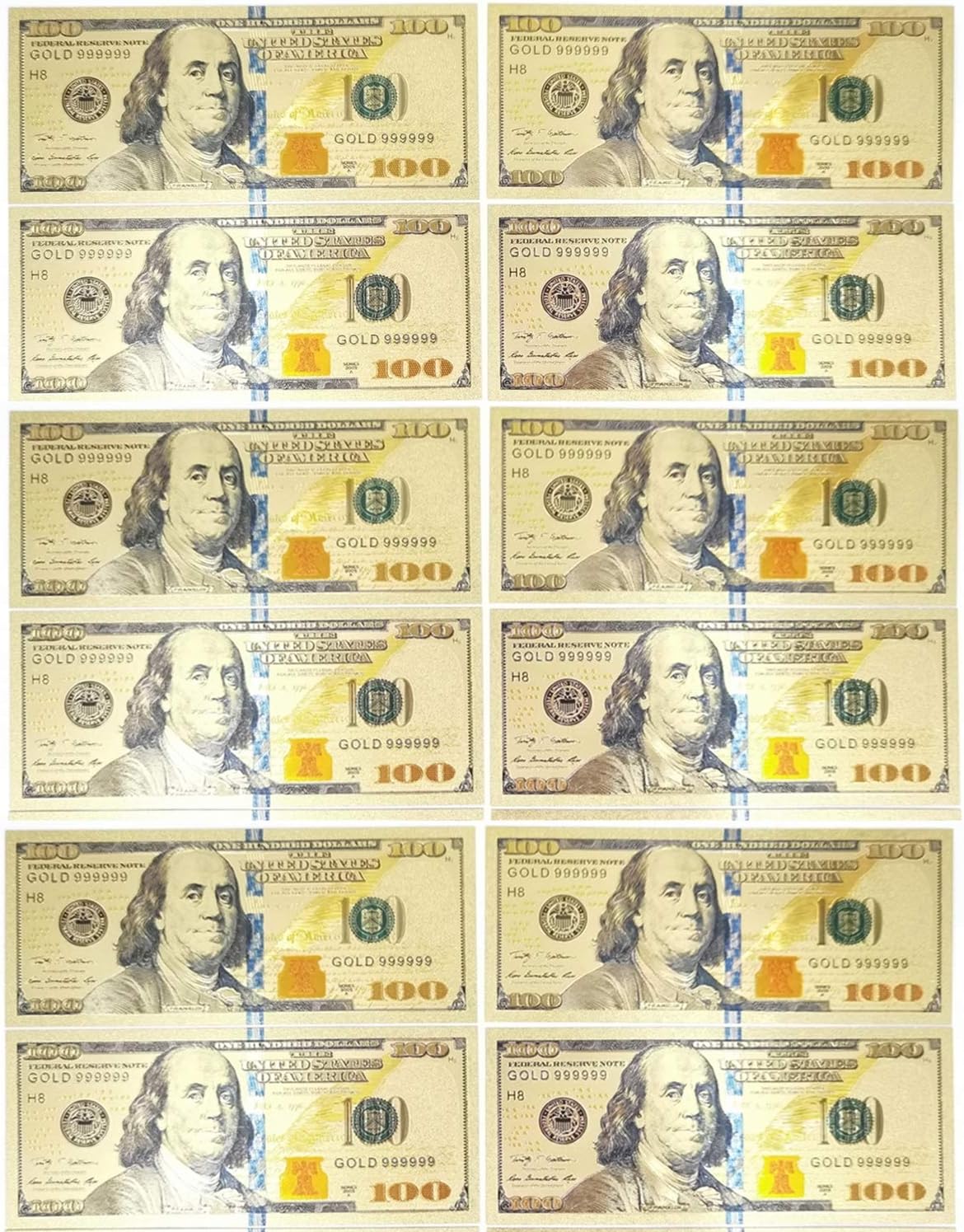 12 PCS $100 USD banknotes, 24K Gold foil Polymer Paper Money 1:1 Size 3D Gold Foil Banknote Crafts (A)