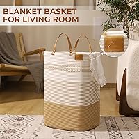 Vista 4 de danpinera Large Laundry Hamper – 75L Tall Woven Cotton Storage Basket with Leather Handles, Slim Dirty Clothes Hamper, Decorative Storage Basket for