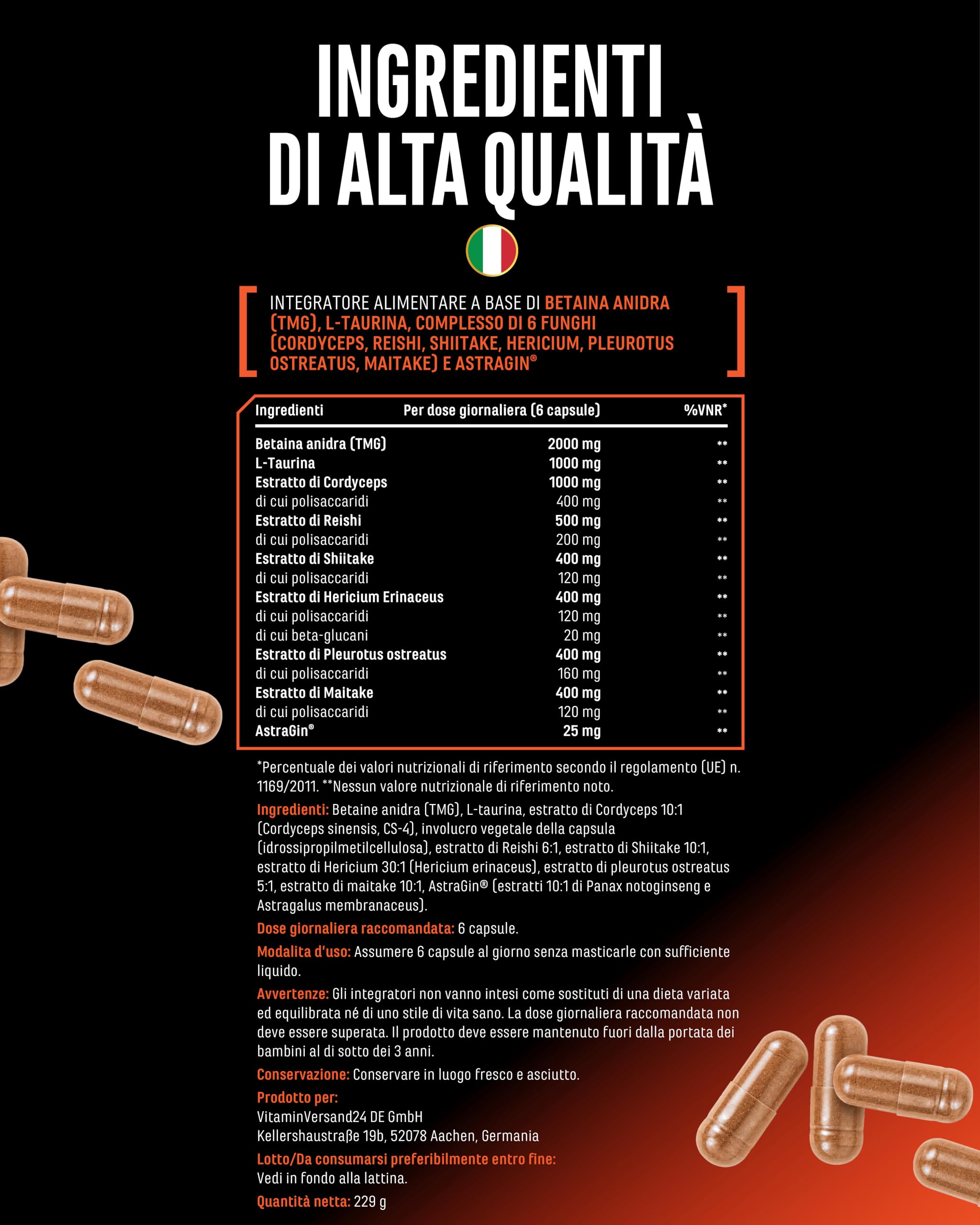 Peak Oxygen - 180 Capsule Vegan - 6125 mg per Dose Giornaliera - Complesso di 6 Funghi con Cordyceps, Reishi, Shiitake, Hericium, Maitake e Pleurotus - TMG, Taurina e Materia Prima di Marca: AstraGin®