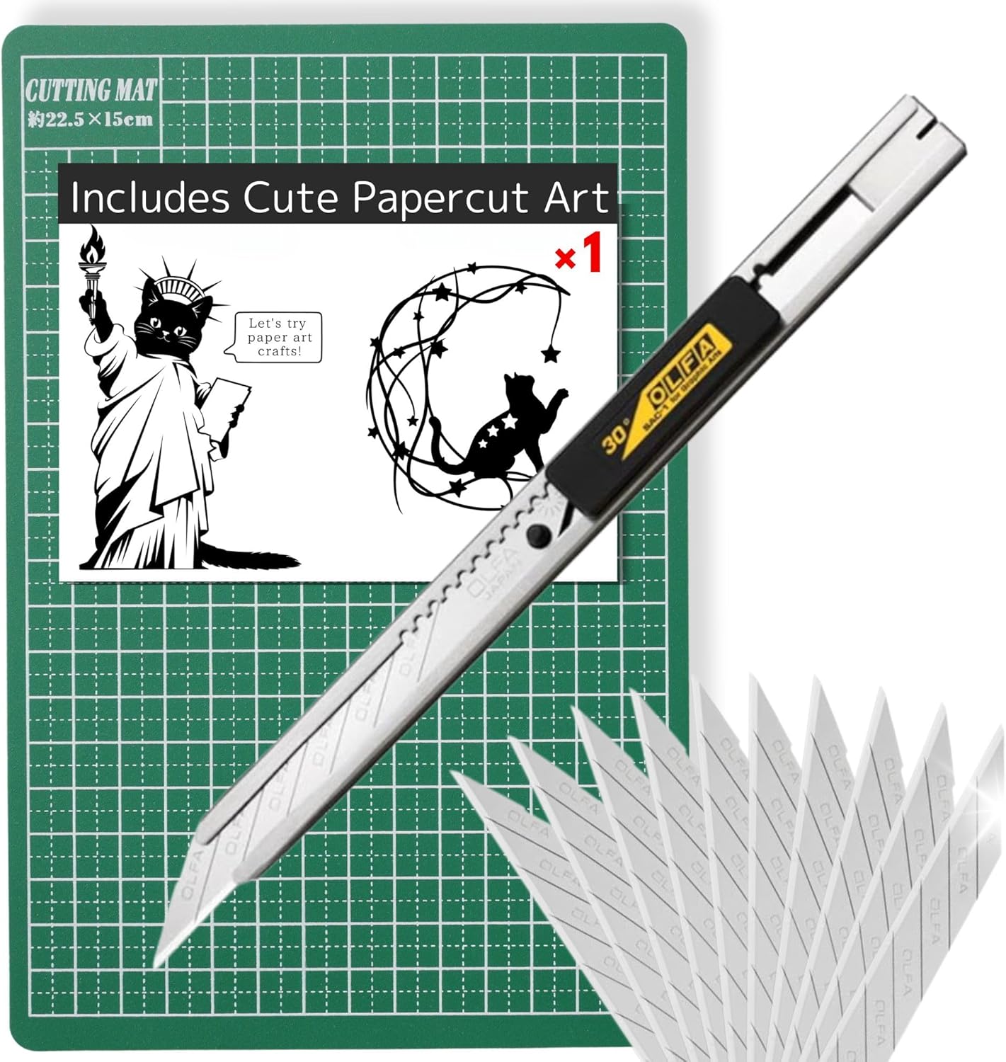 Auto-Lock Utility Knife (141B) & A5 Cutting Mat (8"x6") – Crafts, Hobby Knife Set with 10 Extra Blades, Self-Healing & Cute Liberty Cat Papercut Templates