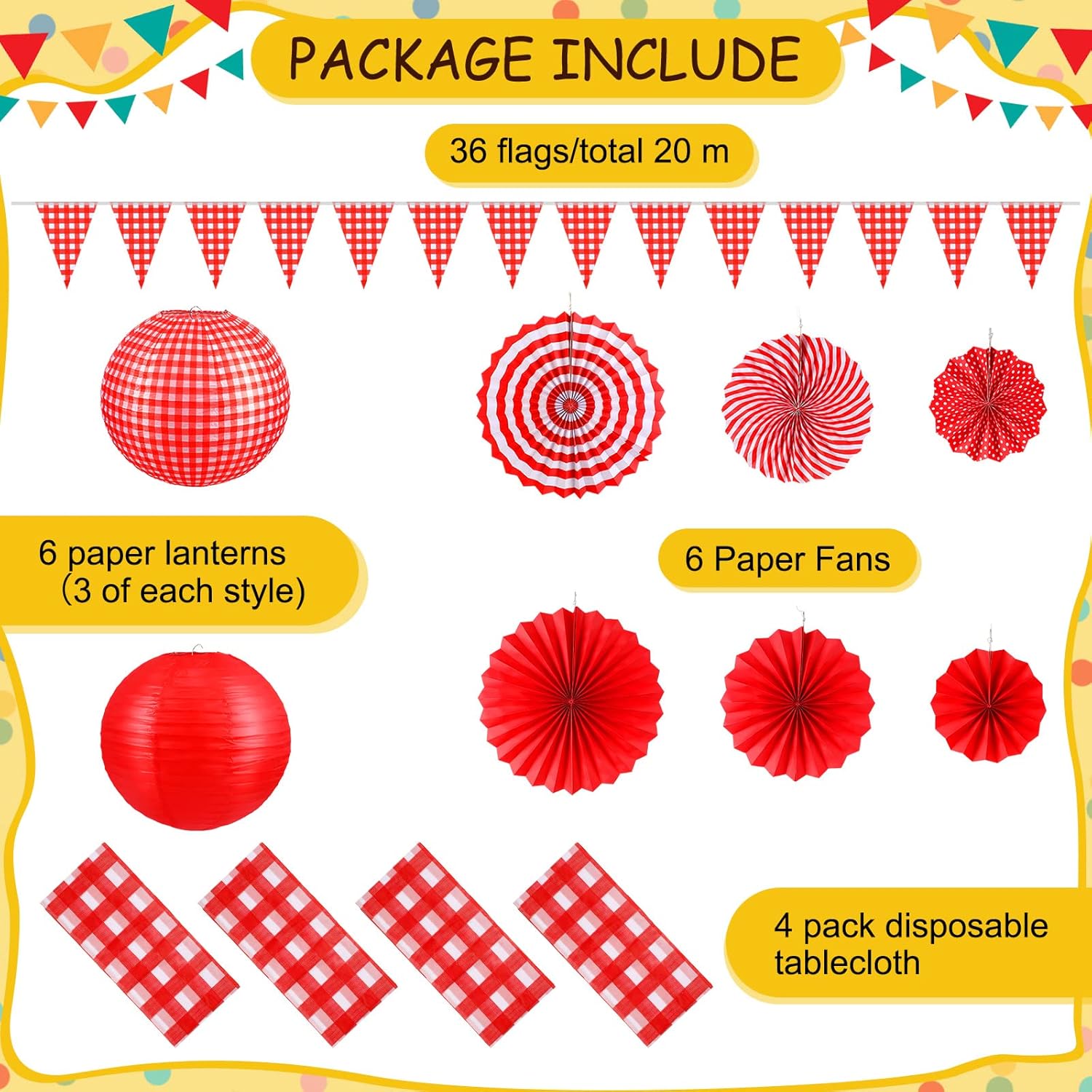 Hortsun 18 Pcs Picnic Party Decorations Red Gingham Party Supplies Include Checkered Pennant Banner Hanging Paper Fans Lanterns Plastic Tablecloth for BBQ Birthday Dinner Wedding Baby Shower