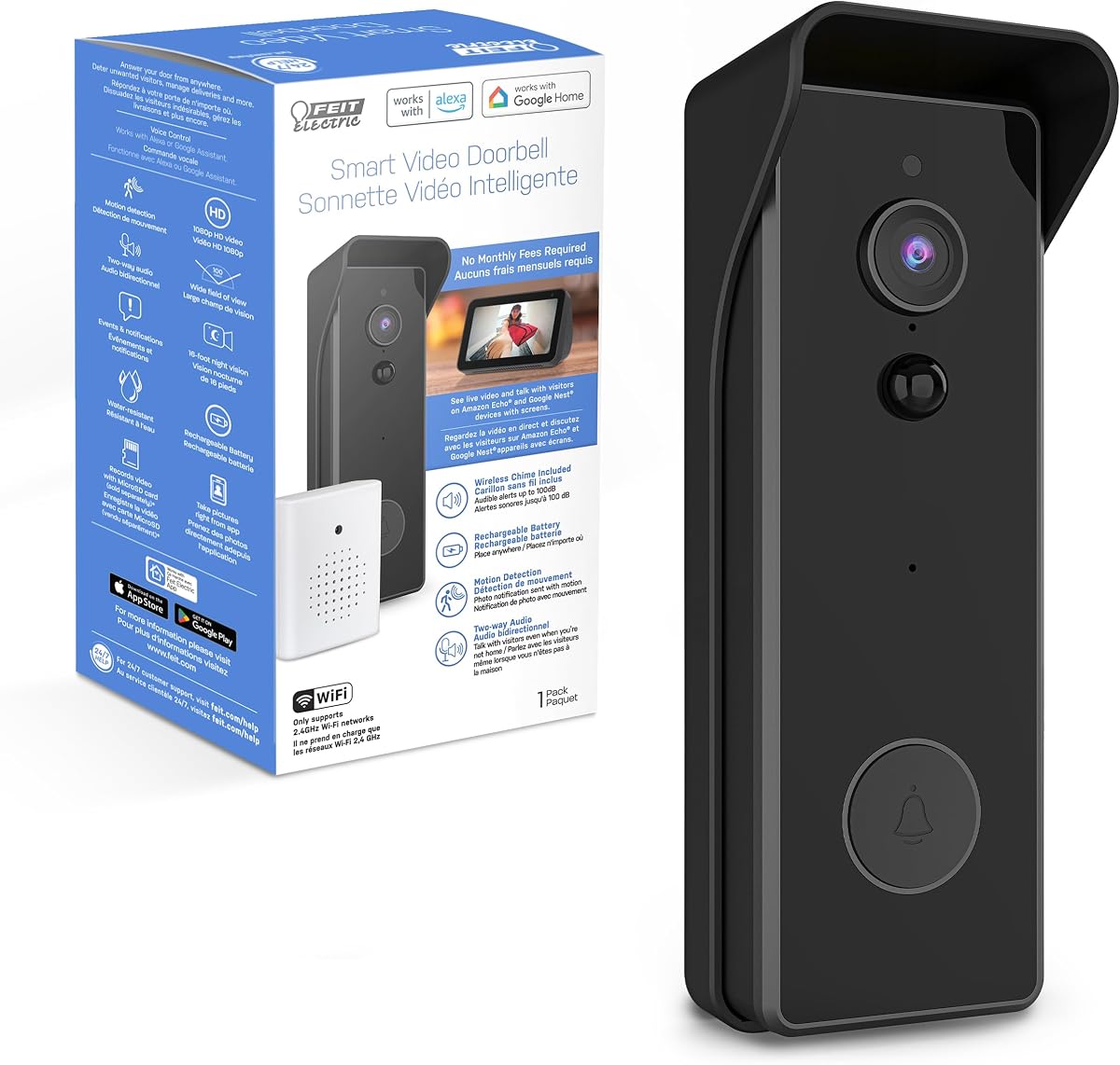 Cámara con timbre, Timbre con video inalámbrico, WiFi de 2.4 GHz, Sin concentrador, Audio bidireccional, Detección de movimiento, Visión nocturna, 1080p HD, Almacenamiento en tarjeta micro SD, Cableado o batería, CAM/Puerta/WiFi/BATG2