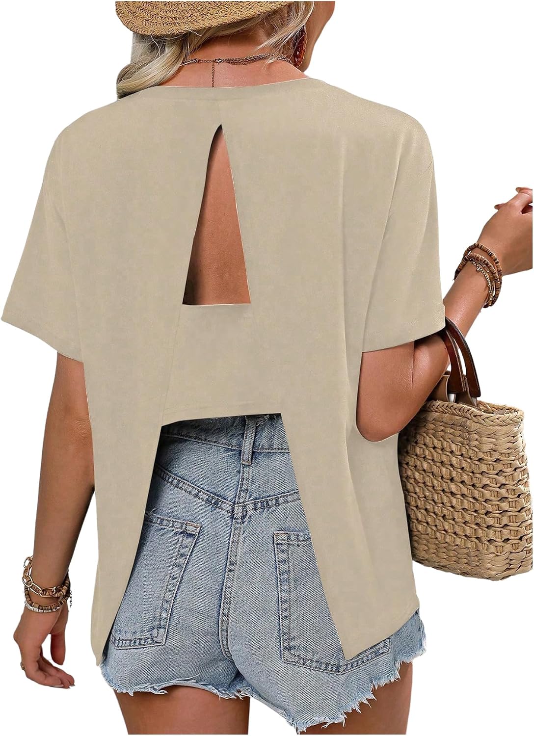 SOLY HUX Women's Open Back Tops Cut Out Split Tee Short Sleeve Round Neck Casual T Shirt