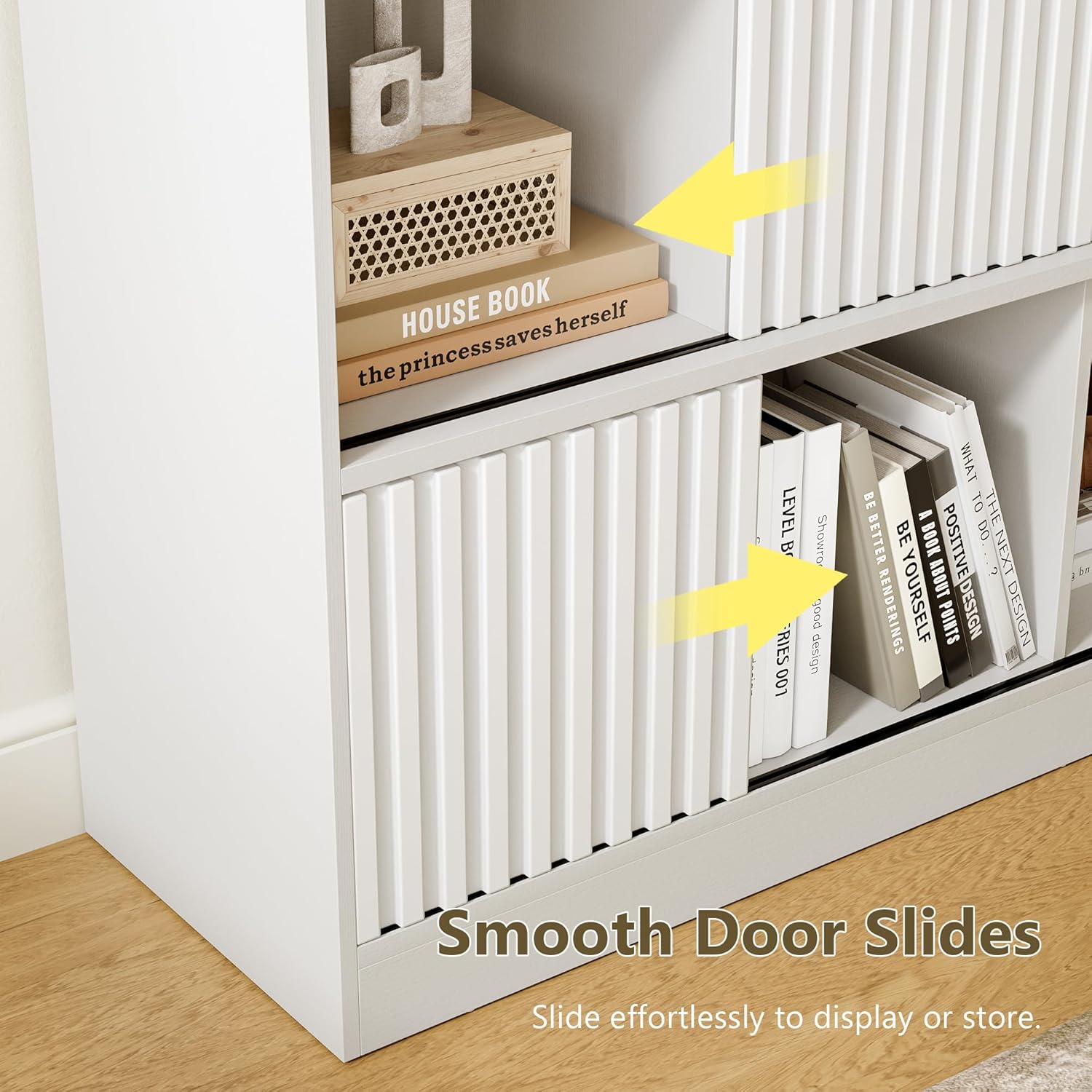 iPormis 12-Cube Storage Organizer with Fluted Sliding Doors, Wooden Storage Cabinet Bookcase, Freestanding Bookshelf for Living Room Bedroom Office,White