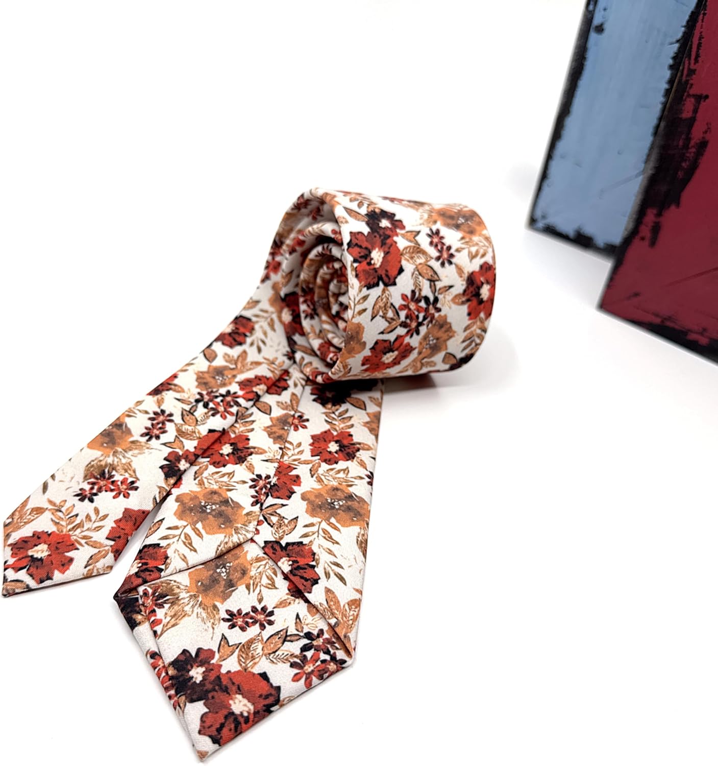 Men's Floral Satin Necktie, Stylish Novelty Tie for Weddings, Groomsmen Tie, Events, Brunt Orange Floral (Rust Orange, Regular)