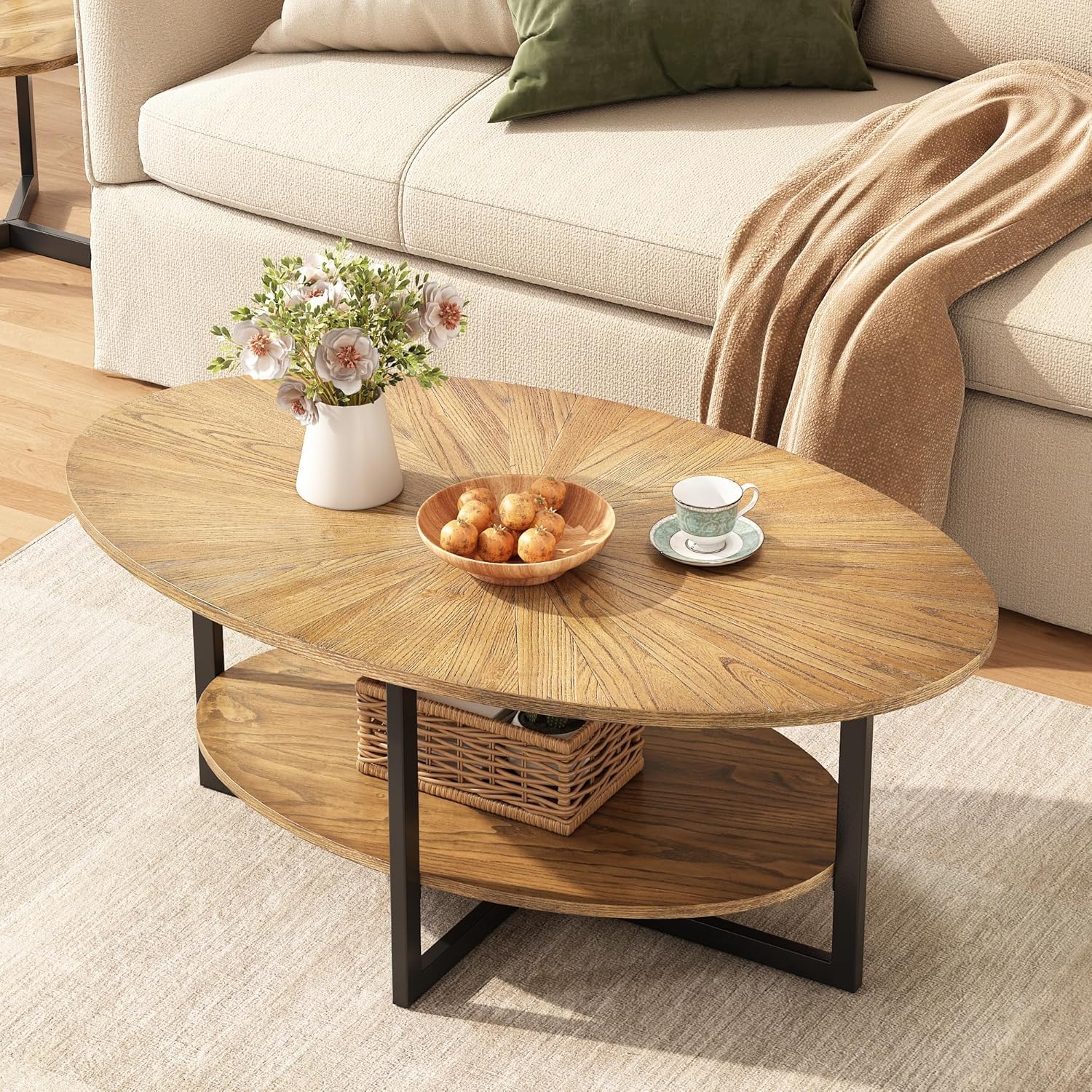 PADMA HOUSE Couchtisch Oval Holz mit Tablett, 110 * 66 Modern wohnzimmertisch mit Kreuz Metall Beine, Kaffeetisch für Wohnzimmer Schlafzimmer