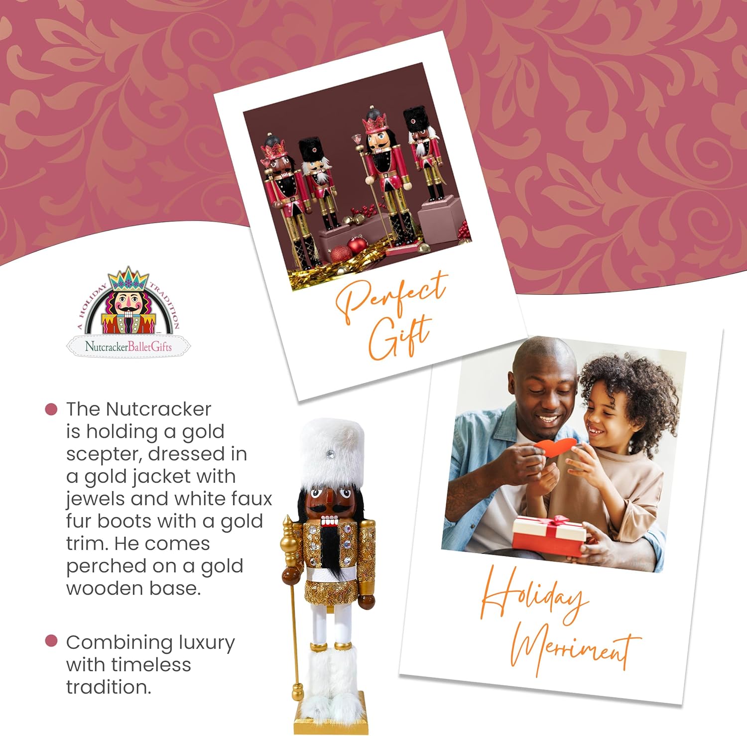 Nutcracker Ballet Gifts Lavish King African American Wooden Nutcracker Ballet Figures Decorations Ornaments, Christmas Holiday Decor, Gold and White, 12 inch
