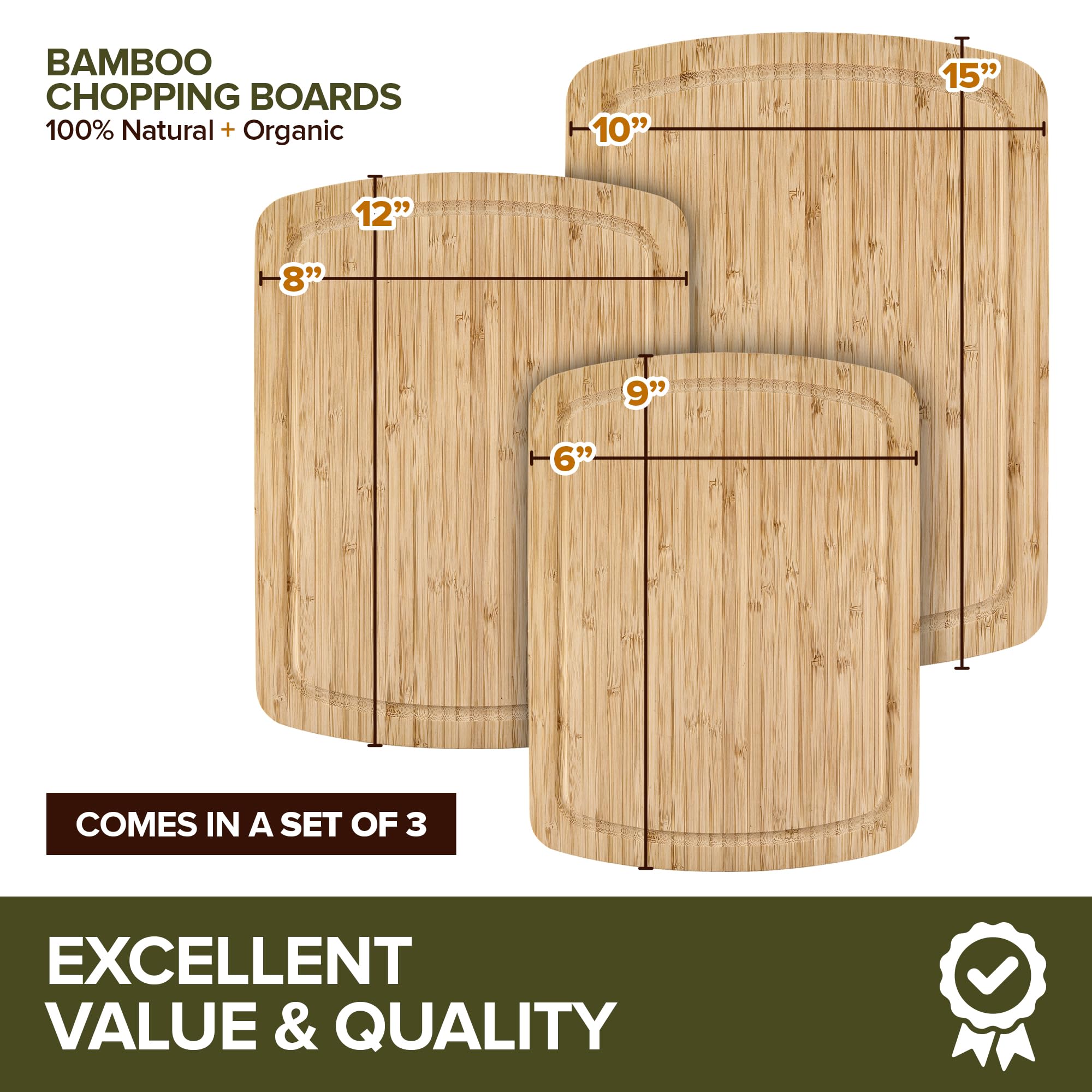 Tablas de cortar de madera para encimera de cocina, juego de tablas de cortar de bambú con agarres adhesivos (paquete de 3), tablas de cortar de madera gruesas antideslizantes para carne, queso