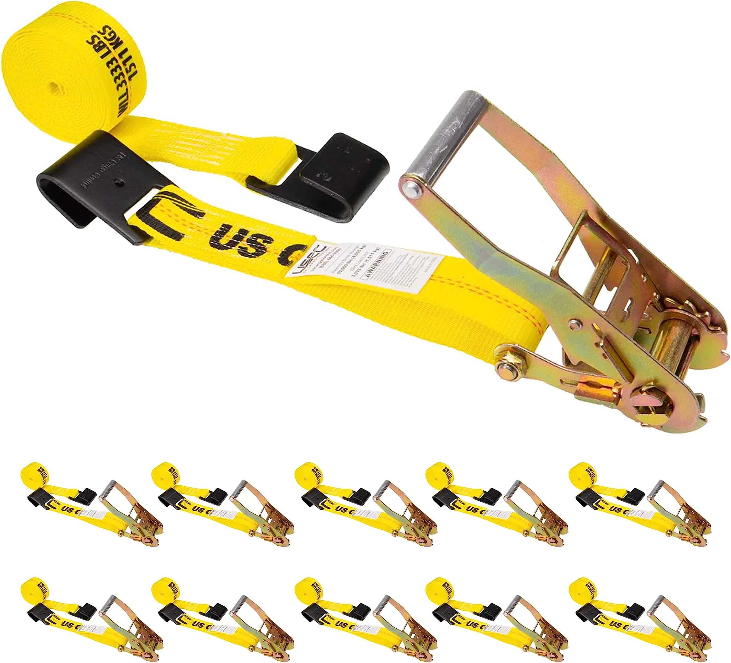 US Cargo ControlFlat Hook Ratchet Straps (10-Pack), 2 Inch x 27 Foot, Yellow Heavy Duty Ratchet Straps with Black Flat Hooks, 3,333 lbs. Working Load Limit, Tie Down Straps for Flatbed Trailer