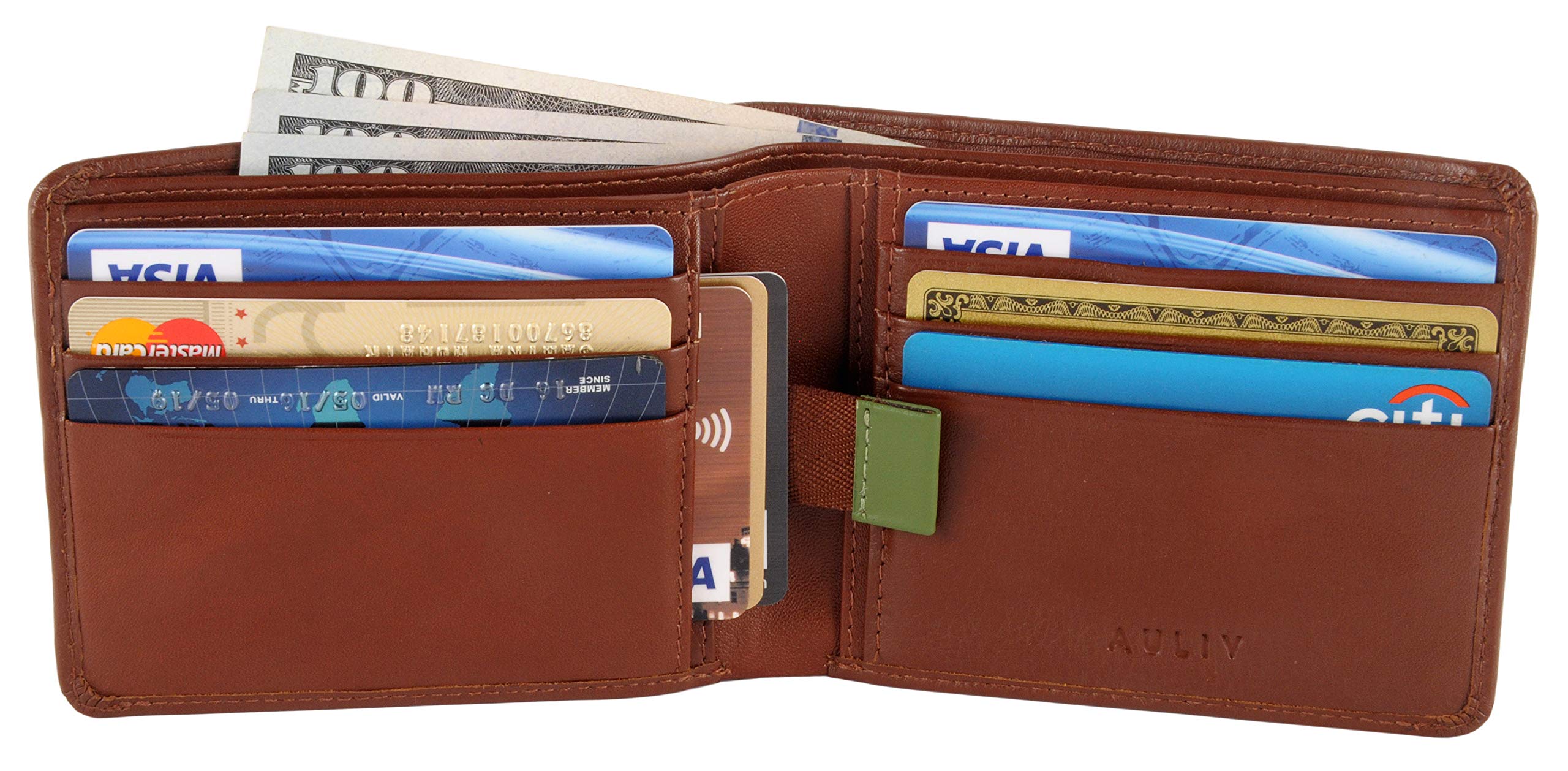 AULIVMinimalist RFID Blocking Leather Men's Wallet- Slim, Passcase, Anti Theft, Credit Card Holder, Money Clip (6 Card Slots and Easy Pull Tab Slot)