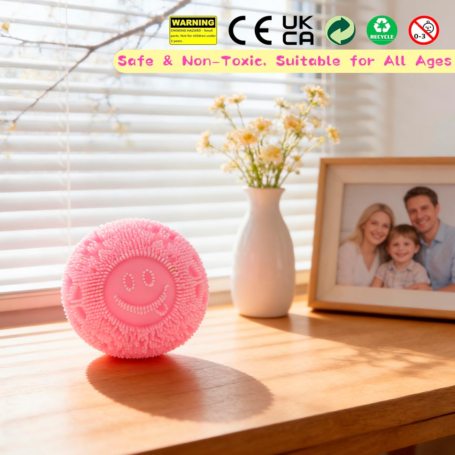 Pink Fuzz Squishy Stress Ball - Velvet Texture and Soft Cloud Squish - Fidget Toy with Smiley Face for Anxiety Relief, Sensory Play for Kids & Adults, Perfect for Office & School