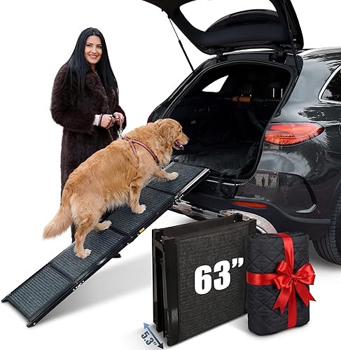 Paquete de rampa para perros para viaje en automóvil, rampa plegable antideslizante de 63 pulgadas + funda de asiento trasero impermeable + 15