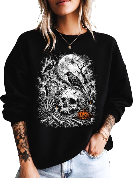 Olive Loves Apple Skull Cemetery Sweatshirt for Women Spooky Graveyard Crow Full Moon Halloween Crewneck Teen Girls