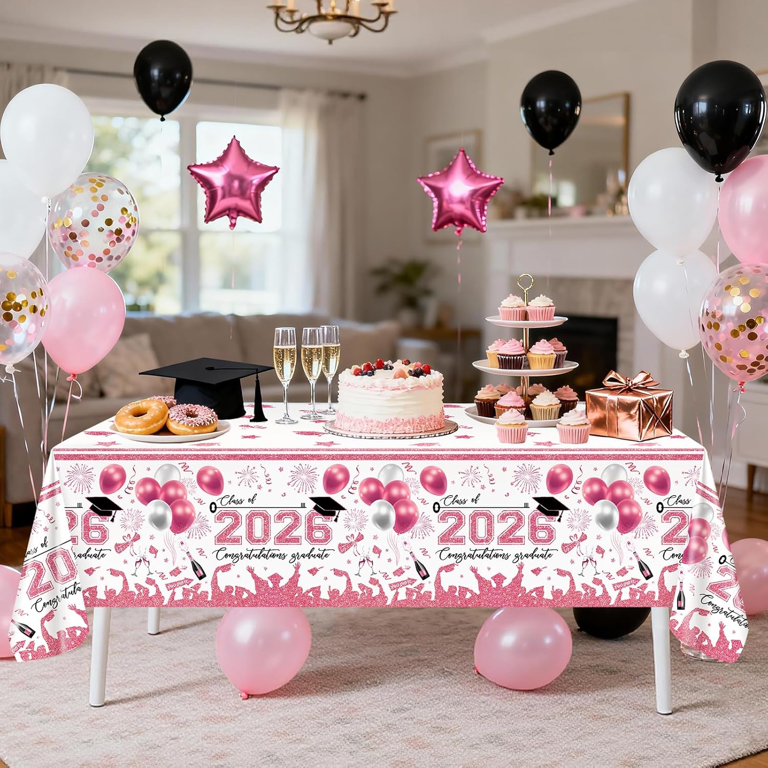Avezano 3 pcs Graduation Tablecloths 108x54 inch Graduation Table Cloths Class of 2026 Pink and White Grad Party Tablecover Decorations Plastic Disposable