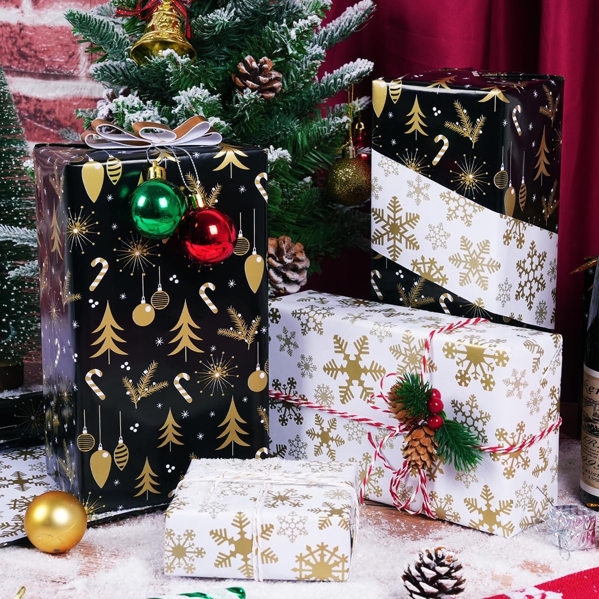 Condition photo showing New/Like New for MAMUNU Christmas Wrapping Paper, Reversible Black and Gold Wrapping Paper Roll, Gold Snowflake Christmas Tree Gift Wrap Paper for Xmas Winter Holiday Birthday Party, 17 Inch x 33 Feet Black Gold