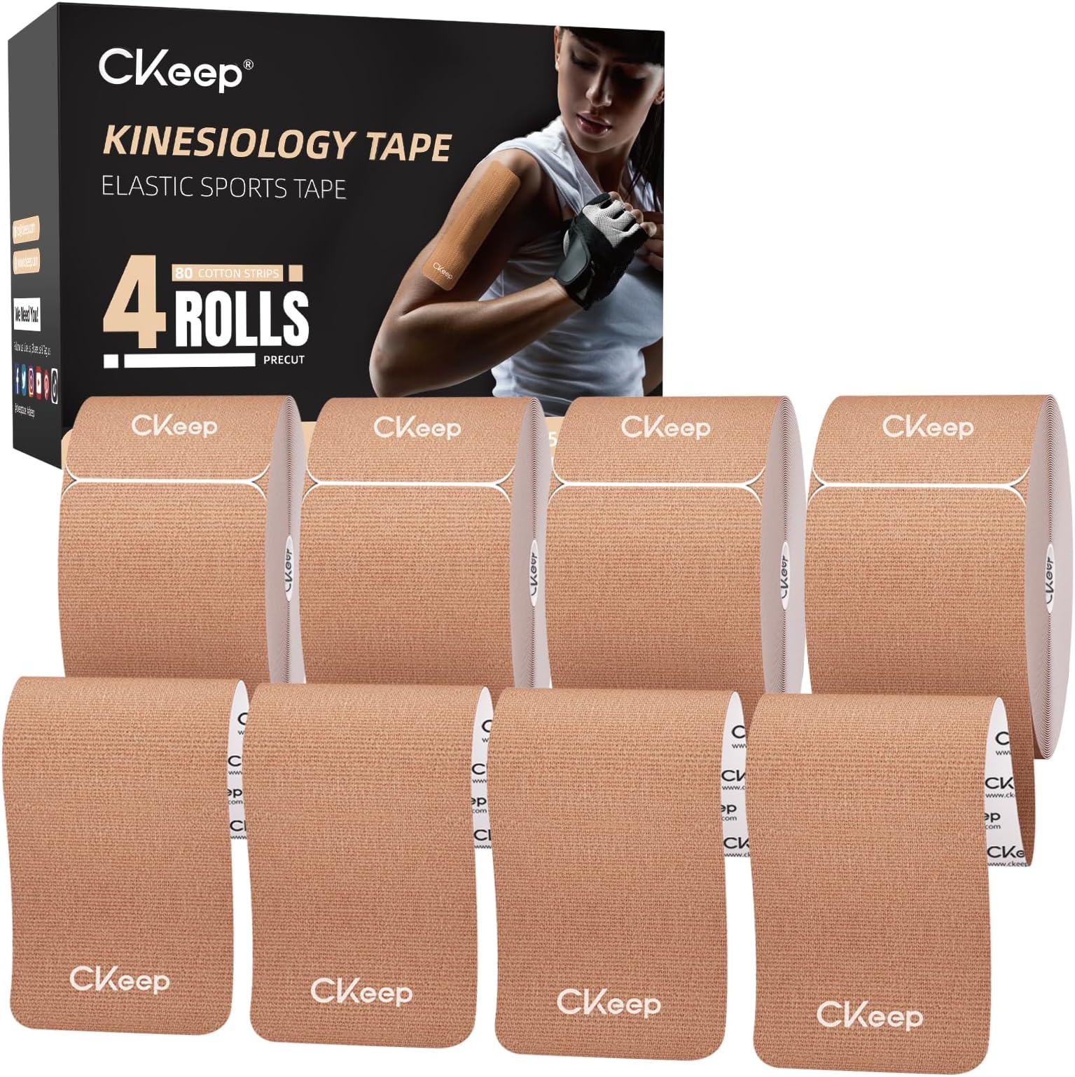 CKeep 4 Rolls Kinesiology Tape, Original Cotton Elastic Athletic Tape, 20 Precut 10" Strips Each, Beige, Ideal for Muscle Support & Injury Prevention