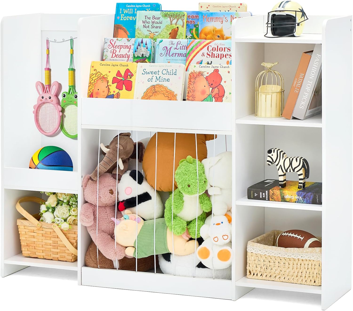 Kids Toy Storage Organizer with Bookshelf, Toy Shelf with 4 Open Cubbies, Clothing/Racket Hanging Hook Area & Stuffed Animal Cage, Large Wooden Organizer Storage Chest for Playroom Bedroom Nursery