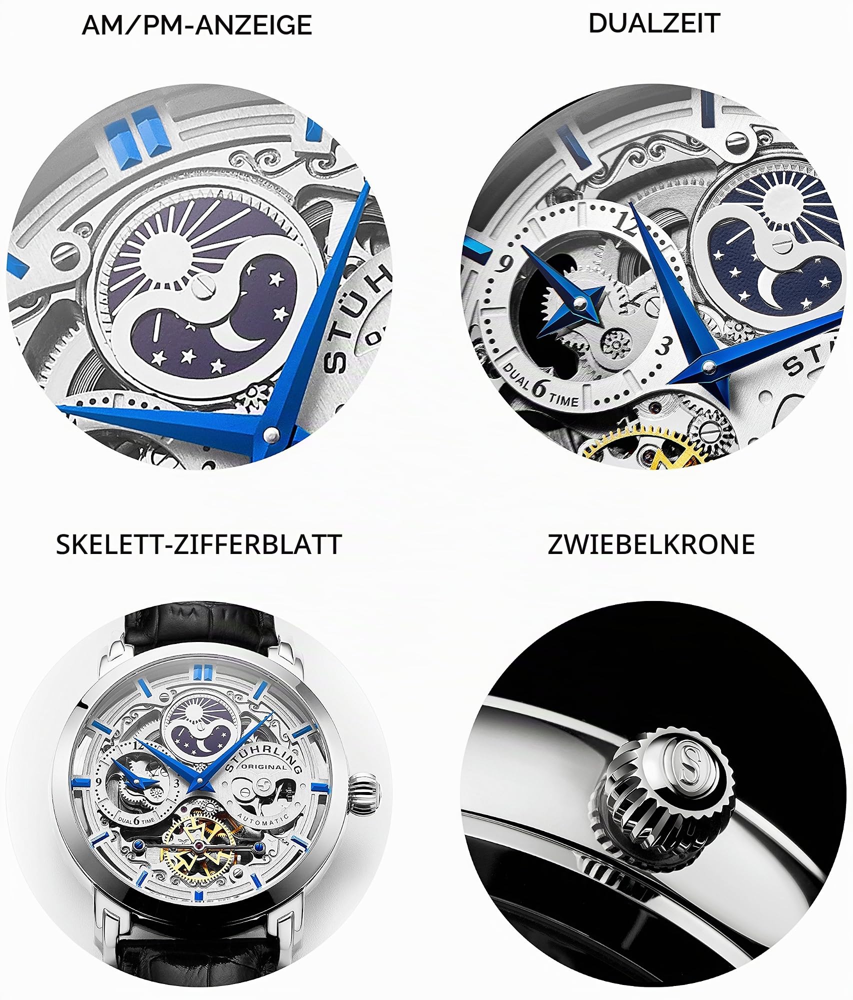 Stuhrling Original Herren Automatik-Selbstaufzug Luxuskleid Skeleton Dual Time Gold-Tone Armbanduhr 22 Jewels 47 mm Edelstahlgehäuse