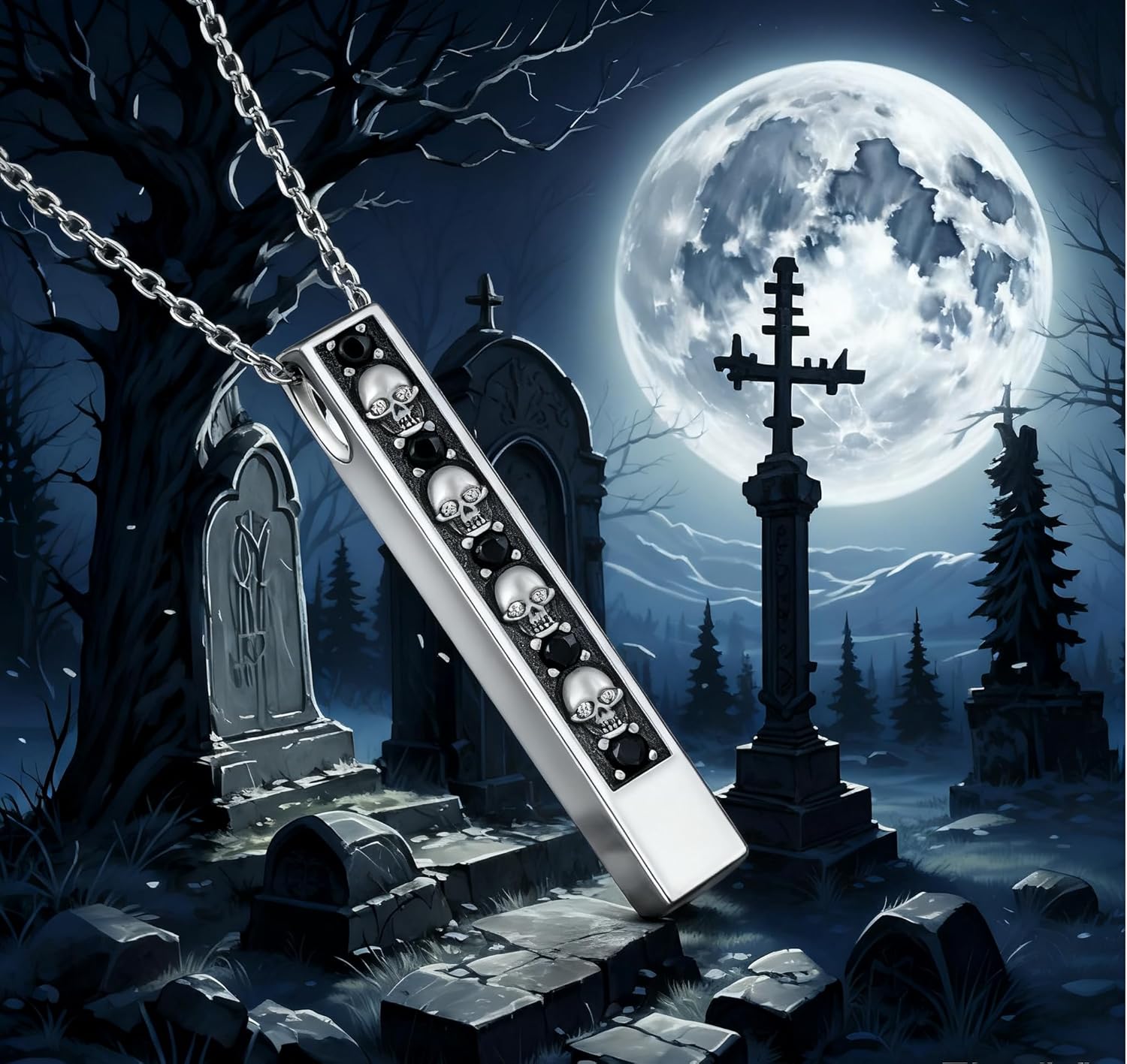 Skull Necklace for Women - 925 Sterling Silver Bar Pendant, Gothic Jewelry Gift for Halloween, Valentine's Day, Birthday