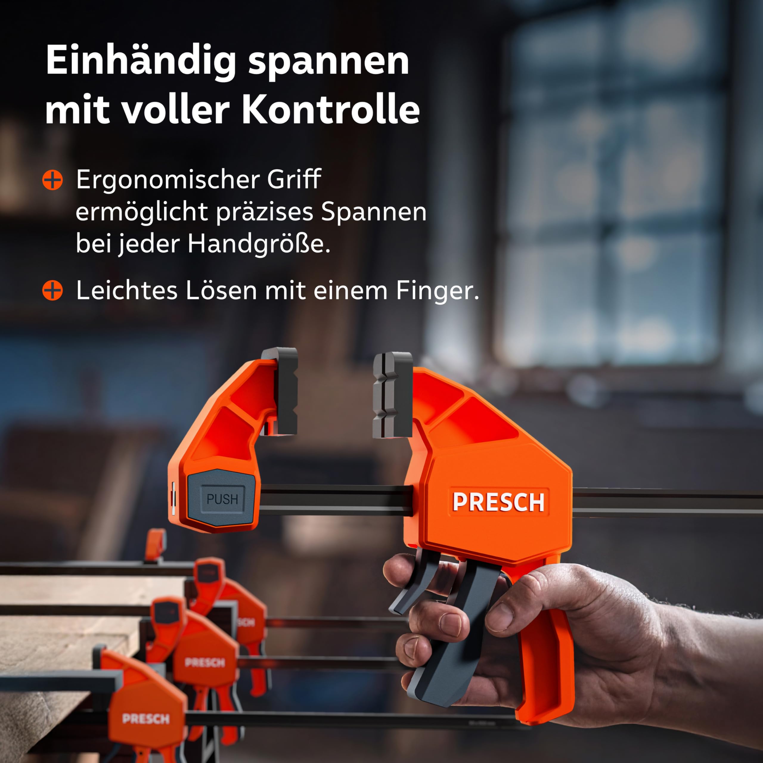 PRESCH Einhandzwingen 150mm & 300mm 4 Stk. – Zwingen Set mit 75kg Spannkraft für sofortiges Fixieren – Robuste Schnellspannzwingen dank Carbonstahl & glasfaserverstärktem Gehäuse – Mit Spreizfunktion