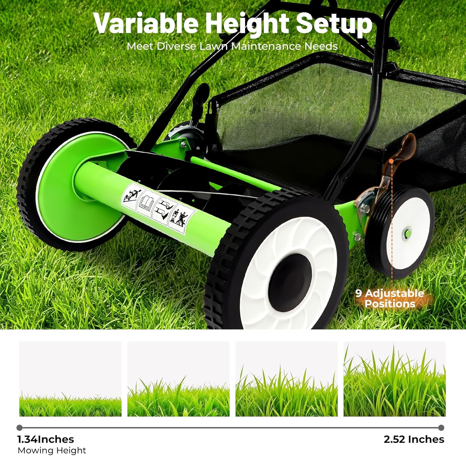 16-Inch 5-Blade Cordless Manual Reel Lawn Mower, Adjustable Cutting/Handle Height Grass Cutter with Grass Catcher, Quiet Push Mower for Villa Yard, Park, Green