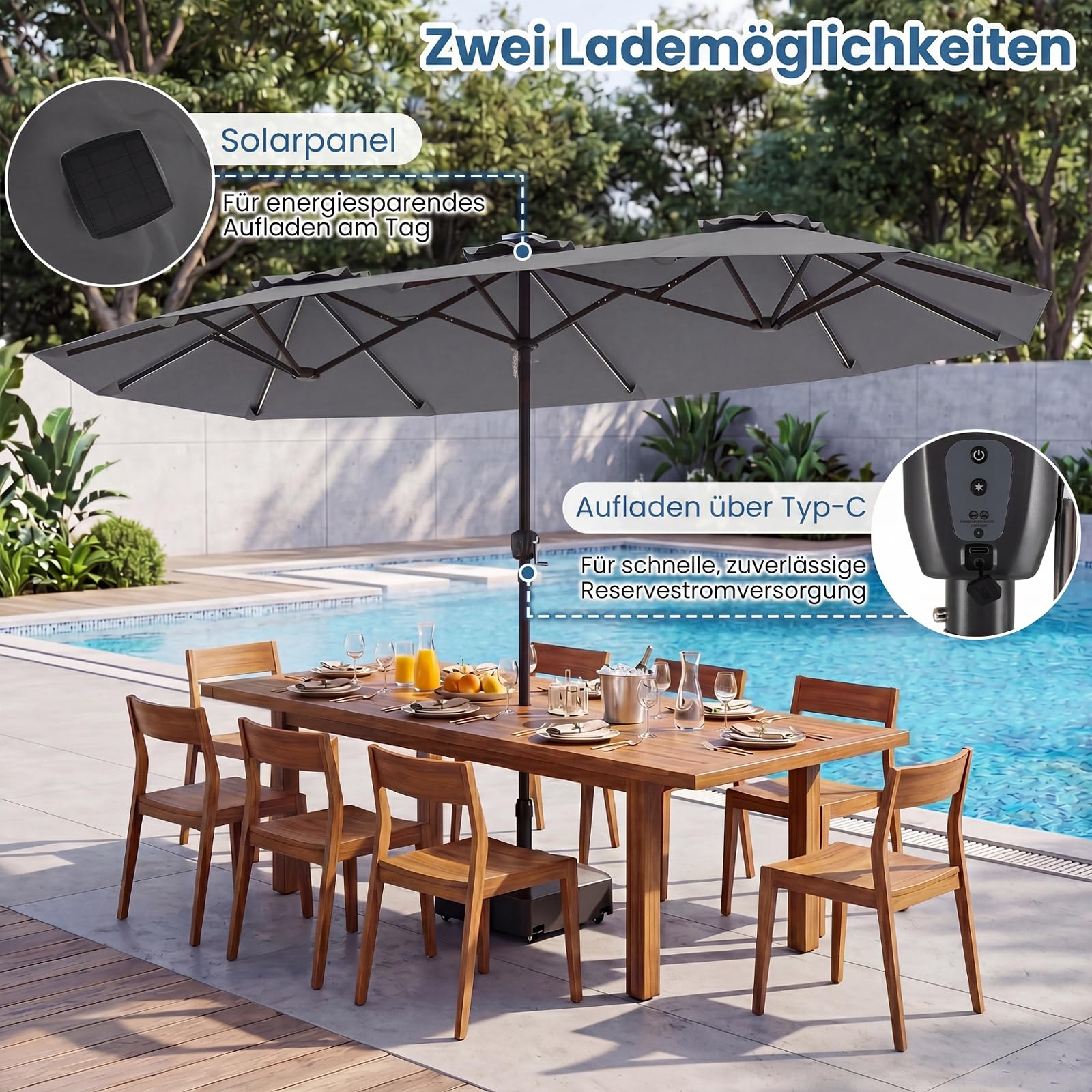COSTWAY Doppelsonnenschirm 375x200cm, Doppel Sonnenschirm mit LED-Solar-Beleuchtung, 12 Beleuchtungsmodi, 2 Lademöglichkeiten, Gartenschirm mit Kurbel, Terrassenschirm, Marktschirm (Grau)