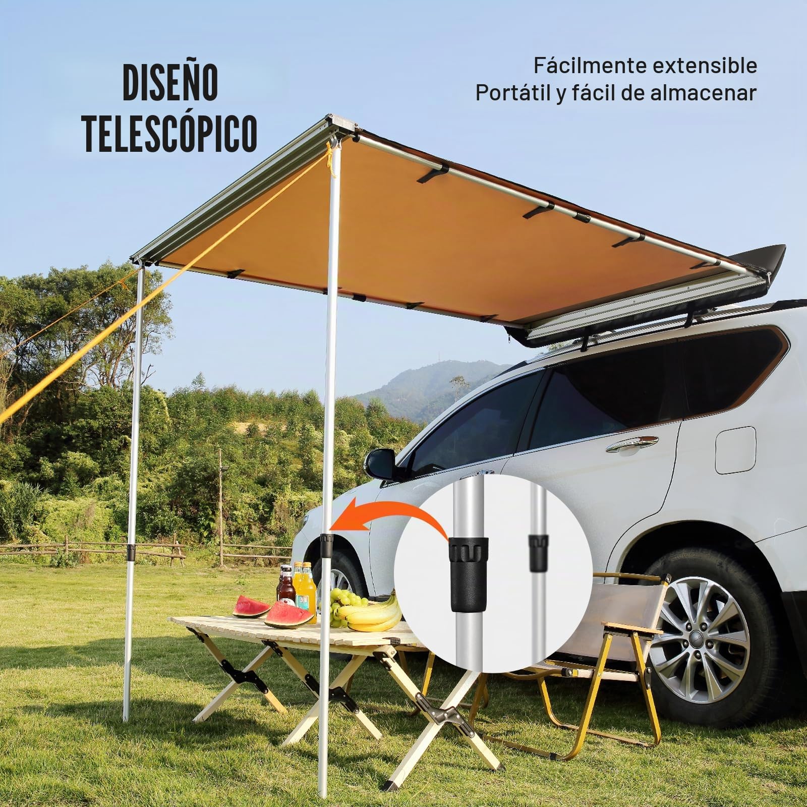 VEVOR Toldo Retráctil Lateral/Trasero para Coche 1,4x2 m PU3000 mm UV50+ Resistente al Sol/Agua/Viento Con Bolsa de Almacenamiento para Camiones Furgonetas Autocaravanas